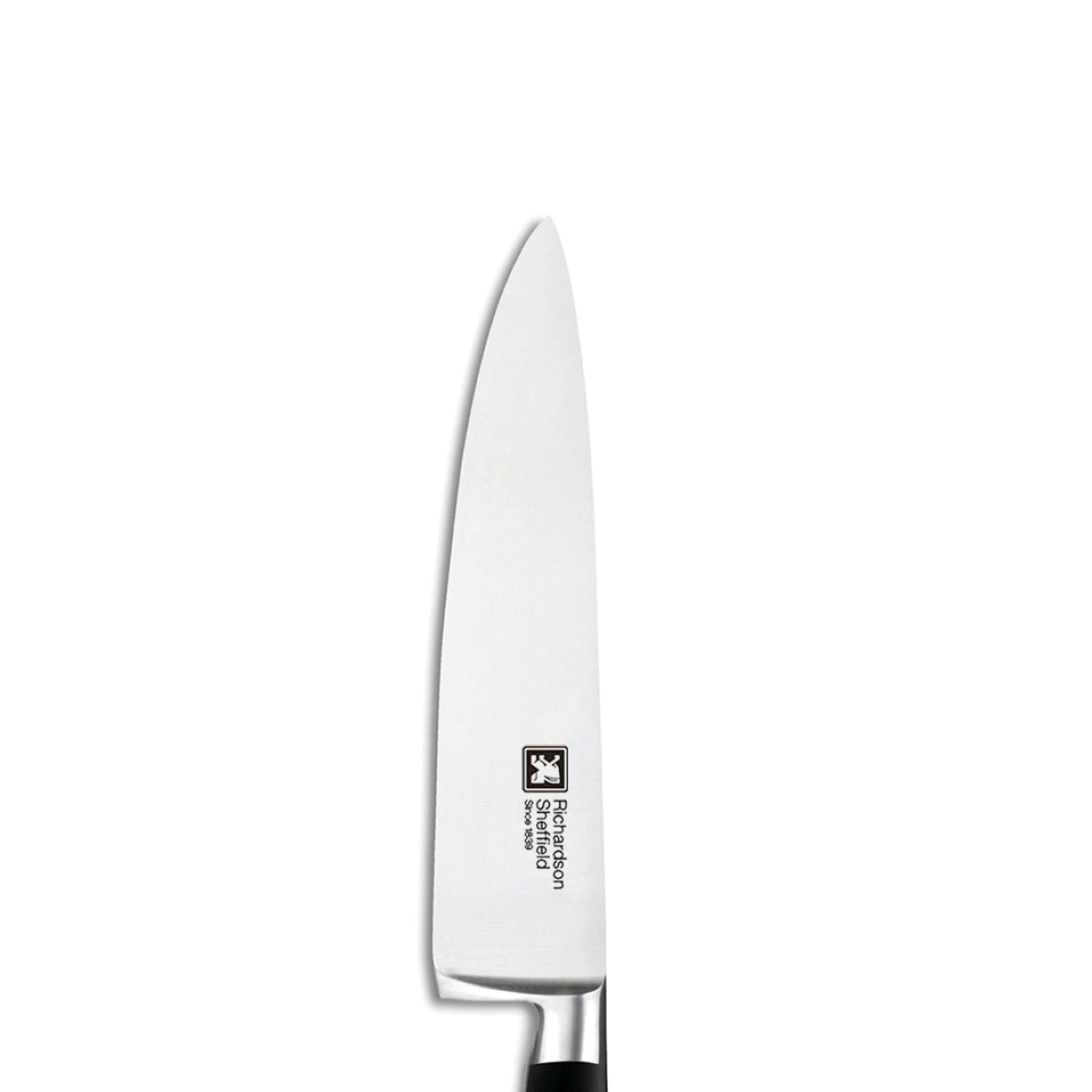 VULCANO Kochmesser von Richardson Sheffield, scharfes Küchenmesser mit Edelstahlklinge, Nahaufnahme der Klinge und Griffdetails