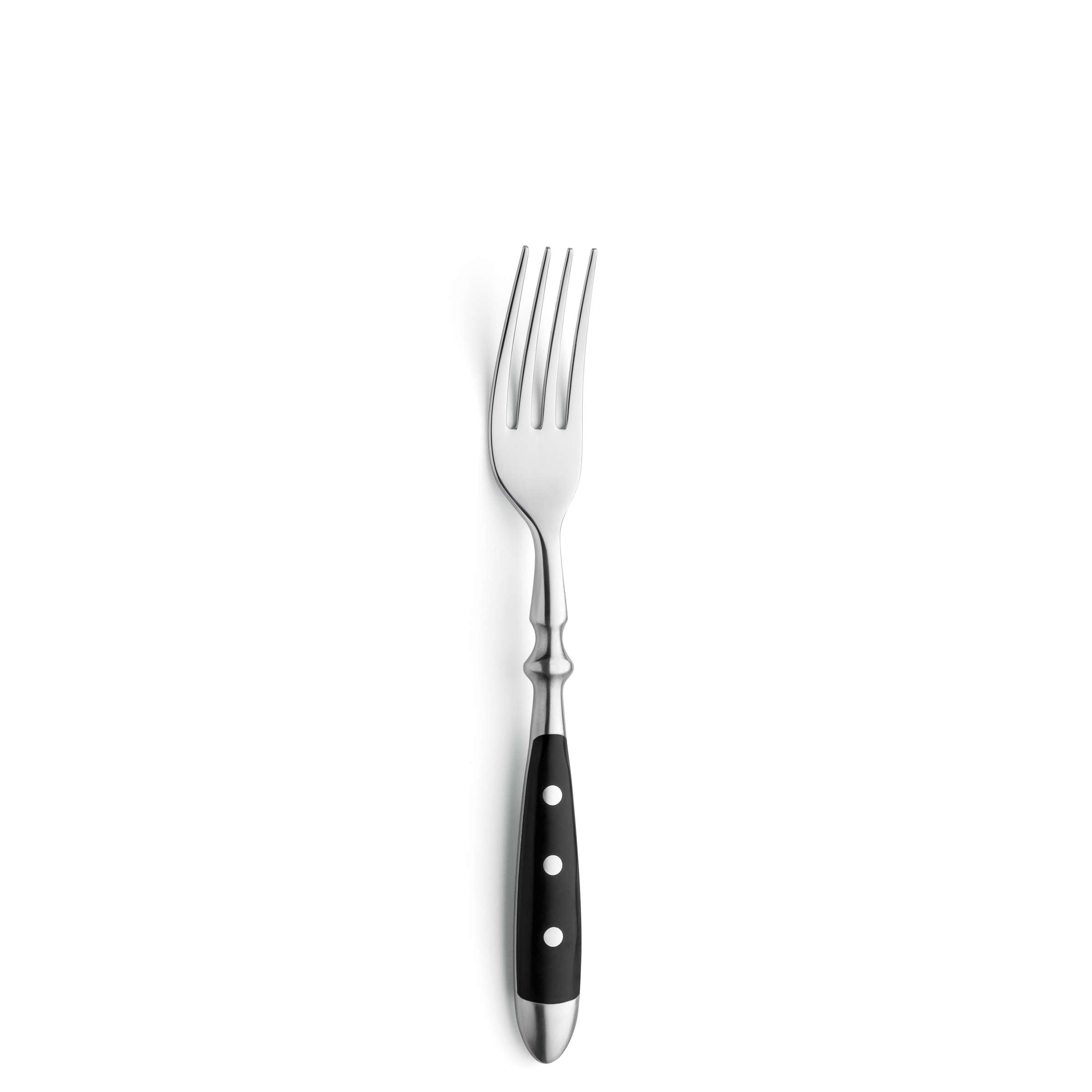 Schwarz lackiertes COUNTRY Besteckset 30-teilig von Kuppels mit Messer, Gabel, Löffel und Teelöffel auf weißem Hintergrund.