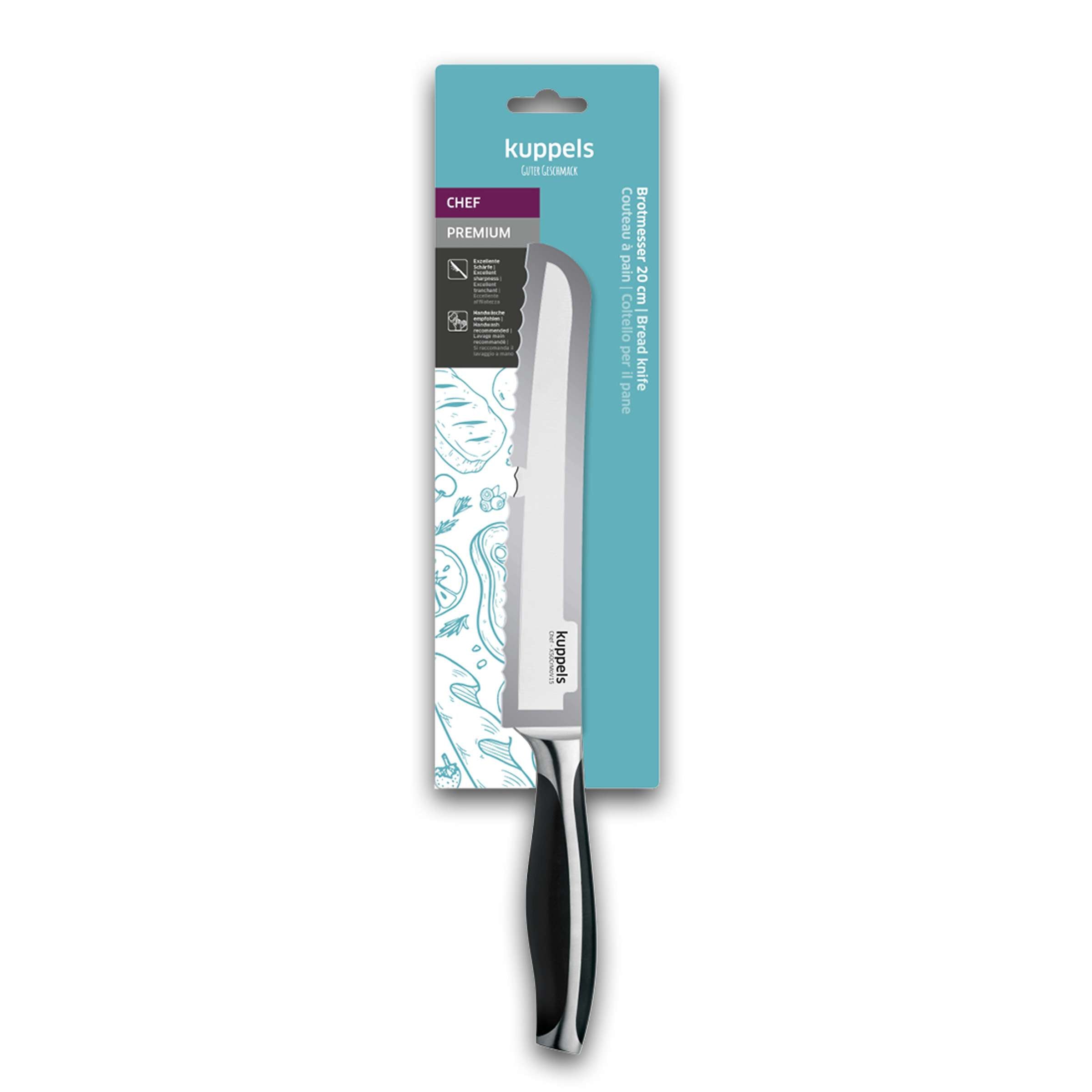 Helles Küchenmesser von Kuppels, Chef Brotmesser aus Edelstahl mit scharfer Klinge, auf Verpackung liegend.