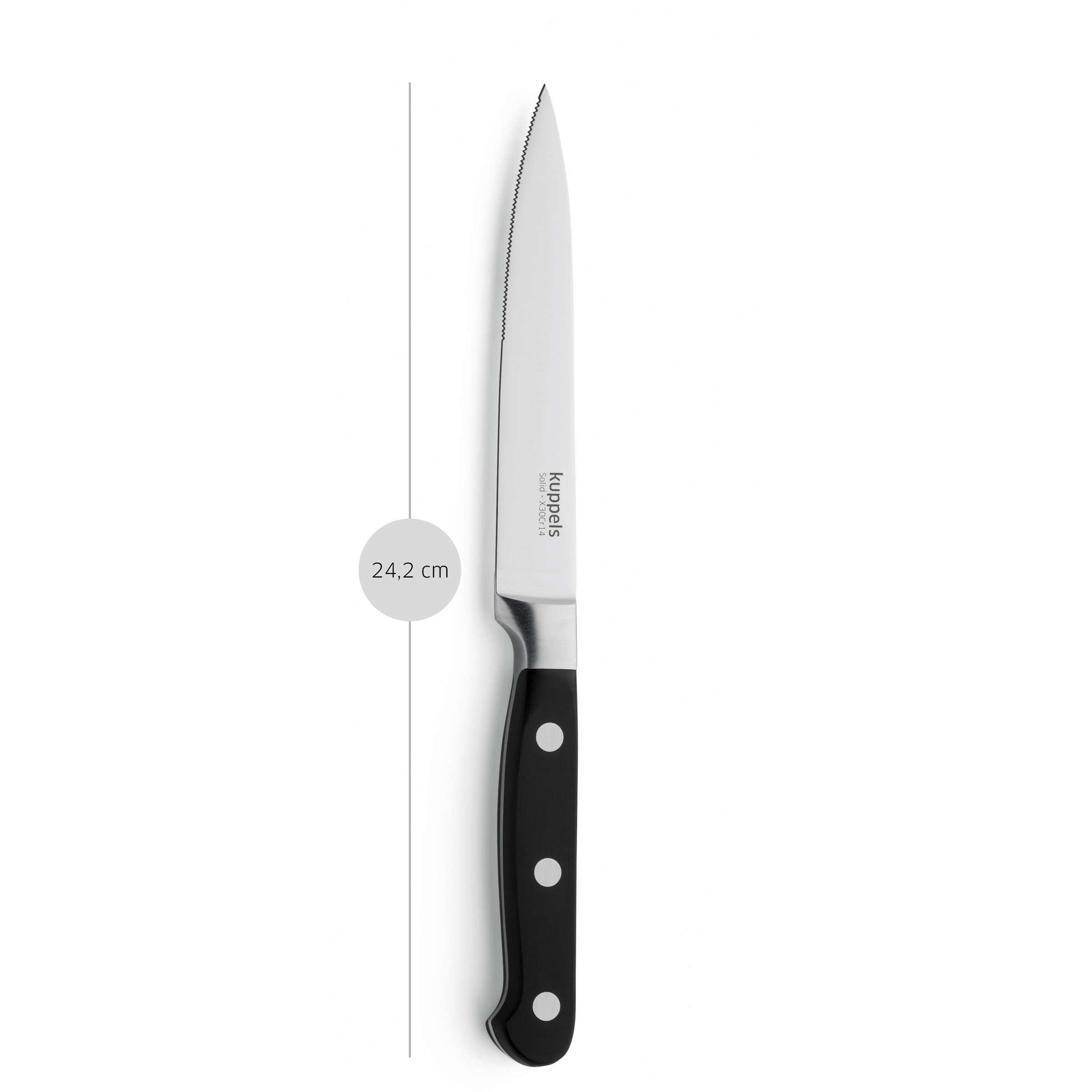 Kuppels SOLID Tomatenmesser, Küchenmesser mit scharfer Klinge zum Schneiden von Tomaten, auf heller Oberfläche liegend
