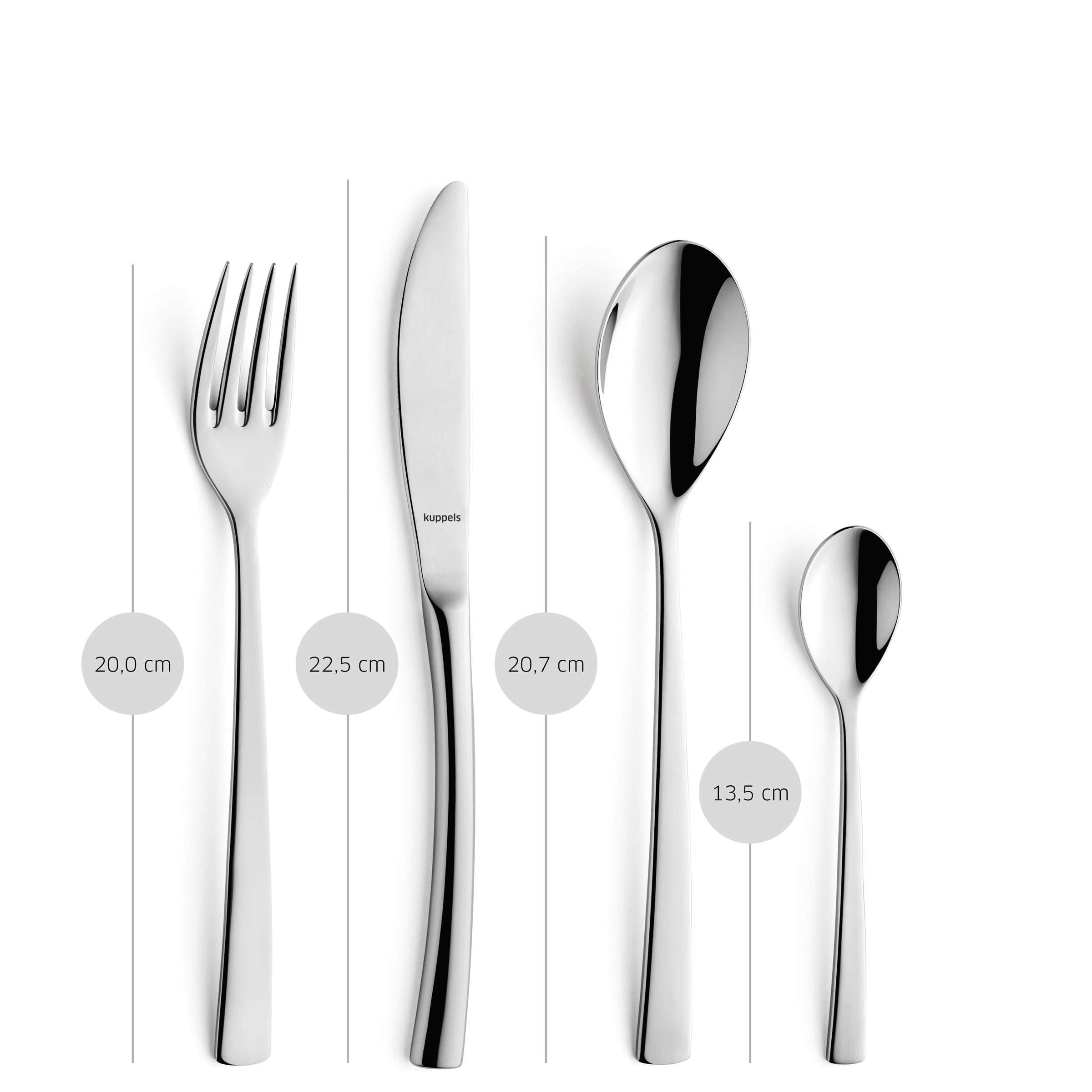 24-teiliges Kuppels SOUL Besteckset mit Messer, Gabel, Löffel auf weißem Hintergrund, hochwertiges Edelstahl, elegantes Design