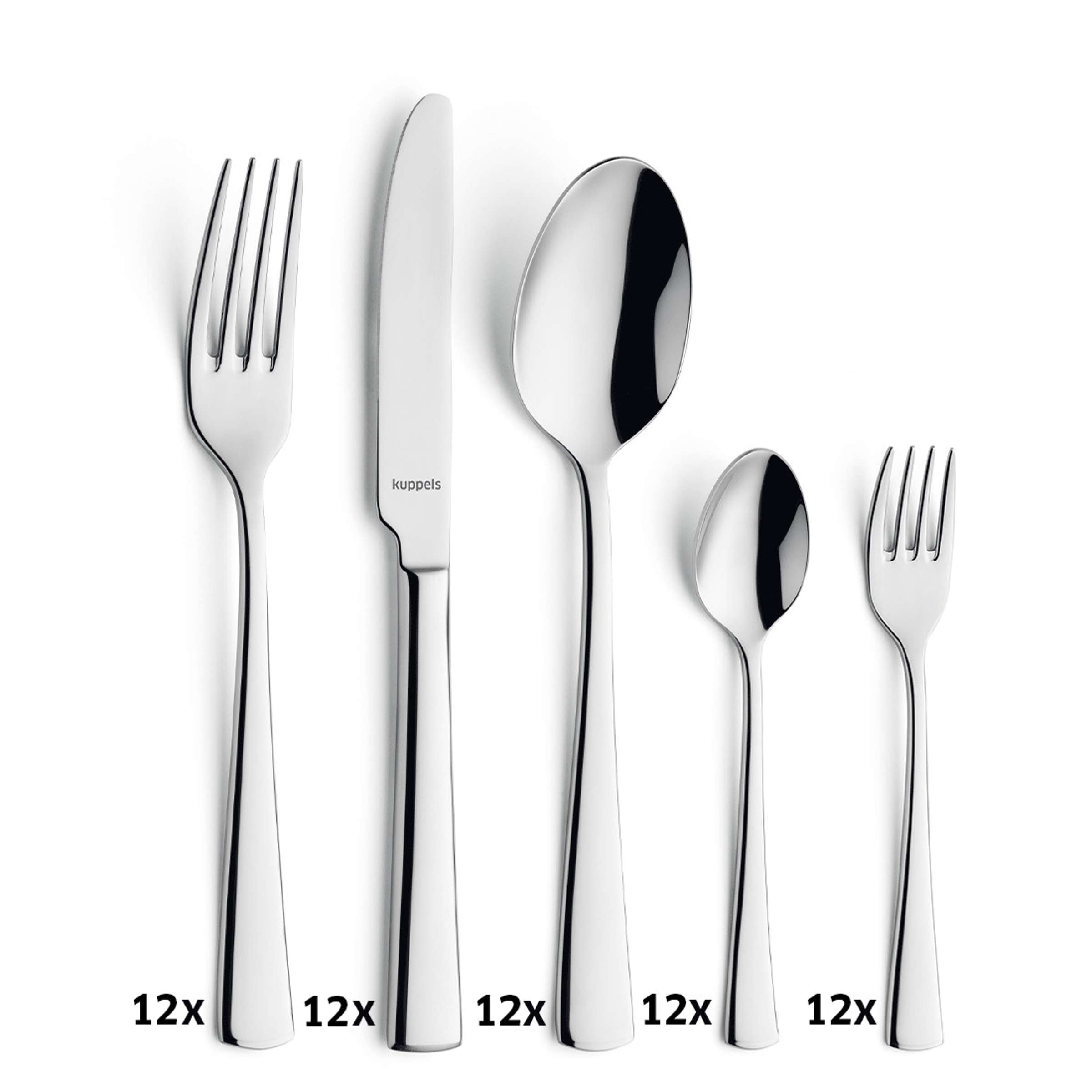 Kuppels FLAIR Besteckset 60-teilig, Messer, Gabeln, Löffel aus Edelstahl, elegant und vollständig auf einem Tisch arrangiert