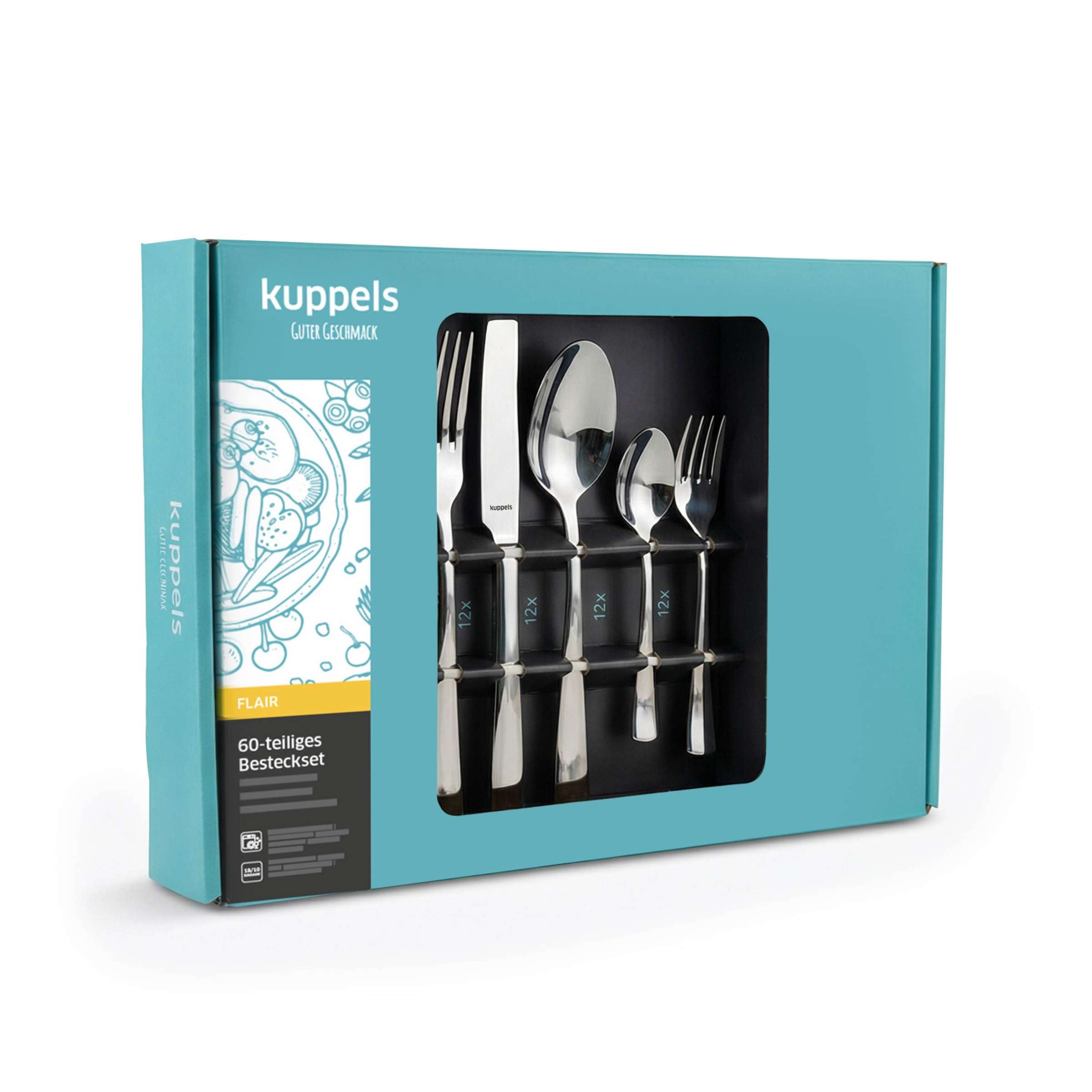 Kuppels FLAIR Besteckset 60-teilig, Edelstahl, Verpackung mit Besteckstücken für Mahlzeiten und Anlässe.