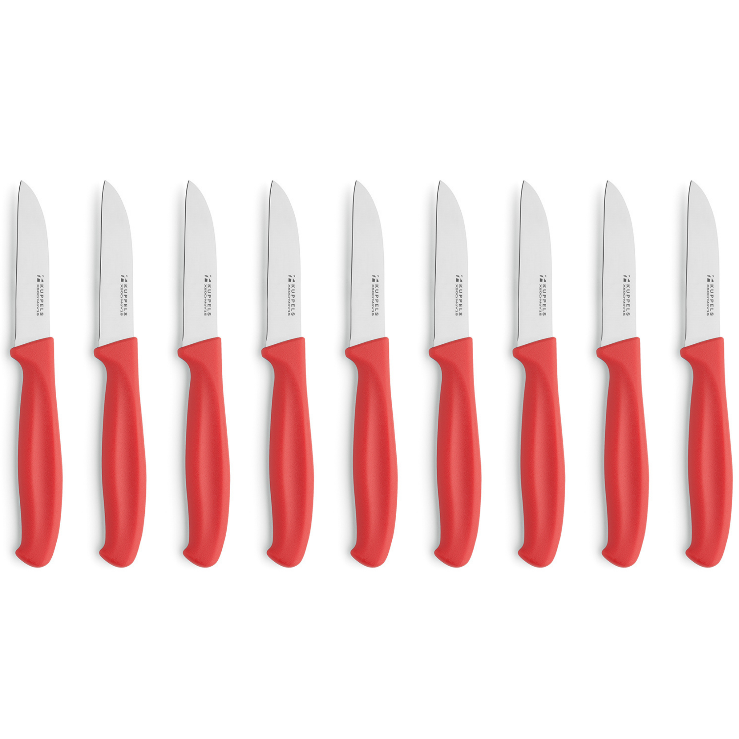 Vielseitiges 9-teiliges Küchenmesser-Set von Kuppels mit verschiedenen Messern für die Küche, auf weißem Hintergrund.
