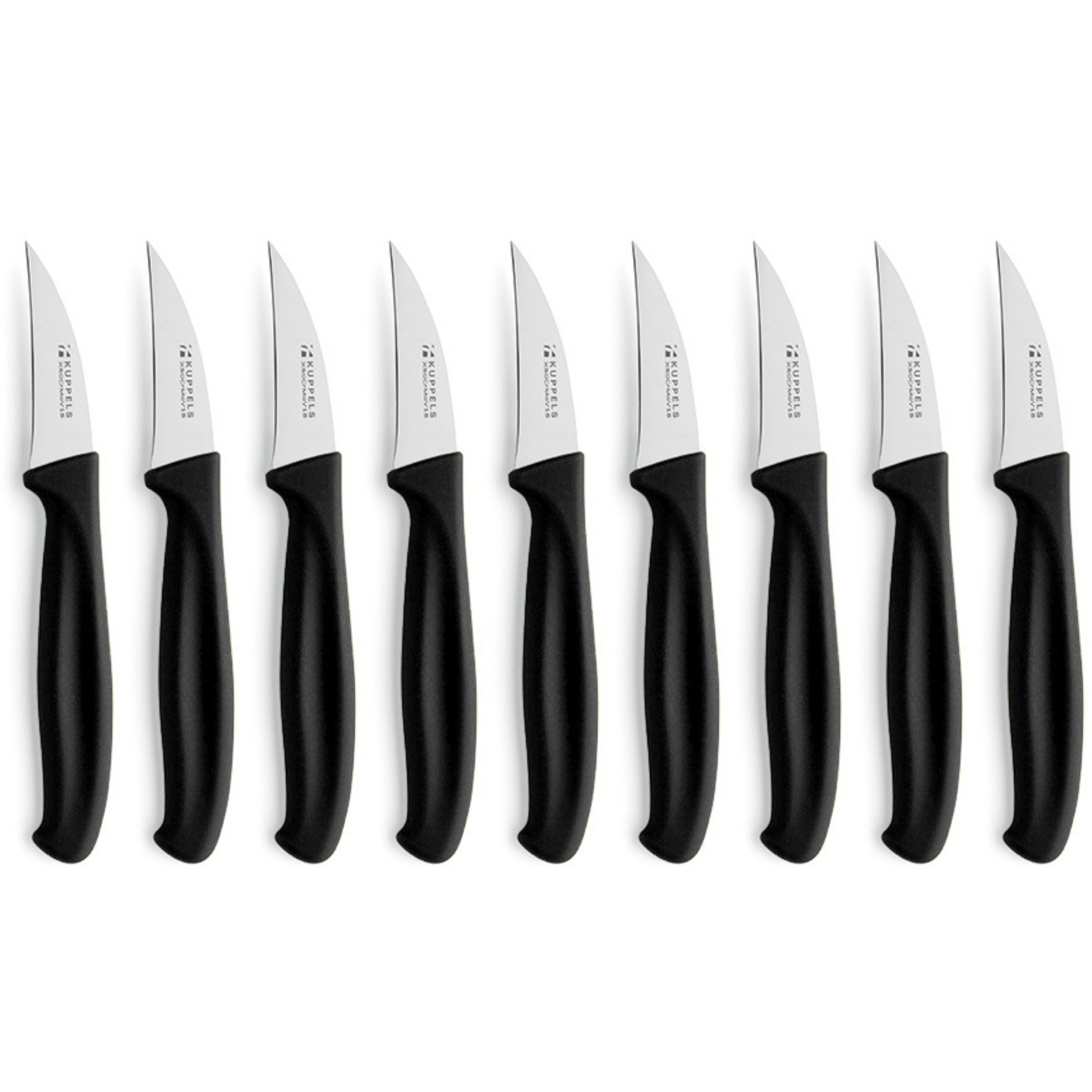 Küchenmesser Set von Kuppels, 9-teilig, mit verschiedenen Schälmessern und Küchenmessern, auf einer Küchenarbeitsplatte gelegen