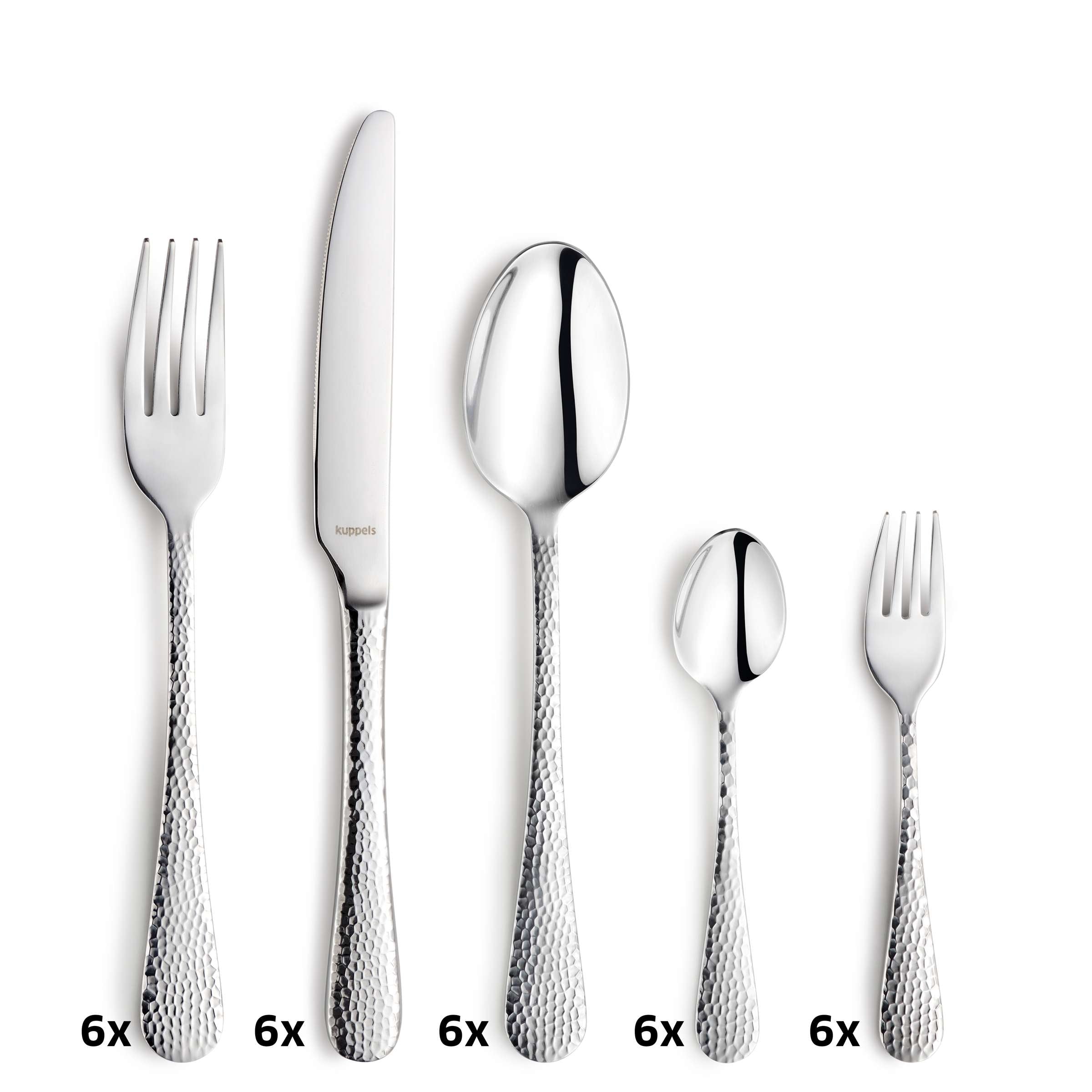 Elegantes 30-teiliges CRYSTAL Besteckset von Kuppels Home mit Messer, Gabeln, Löffeln aus glänzendem Edelstahl.