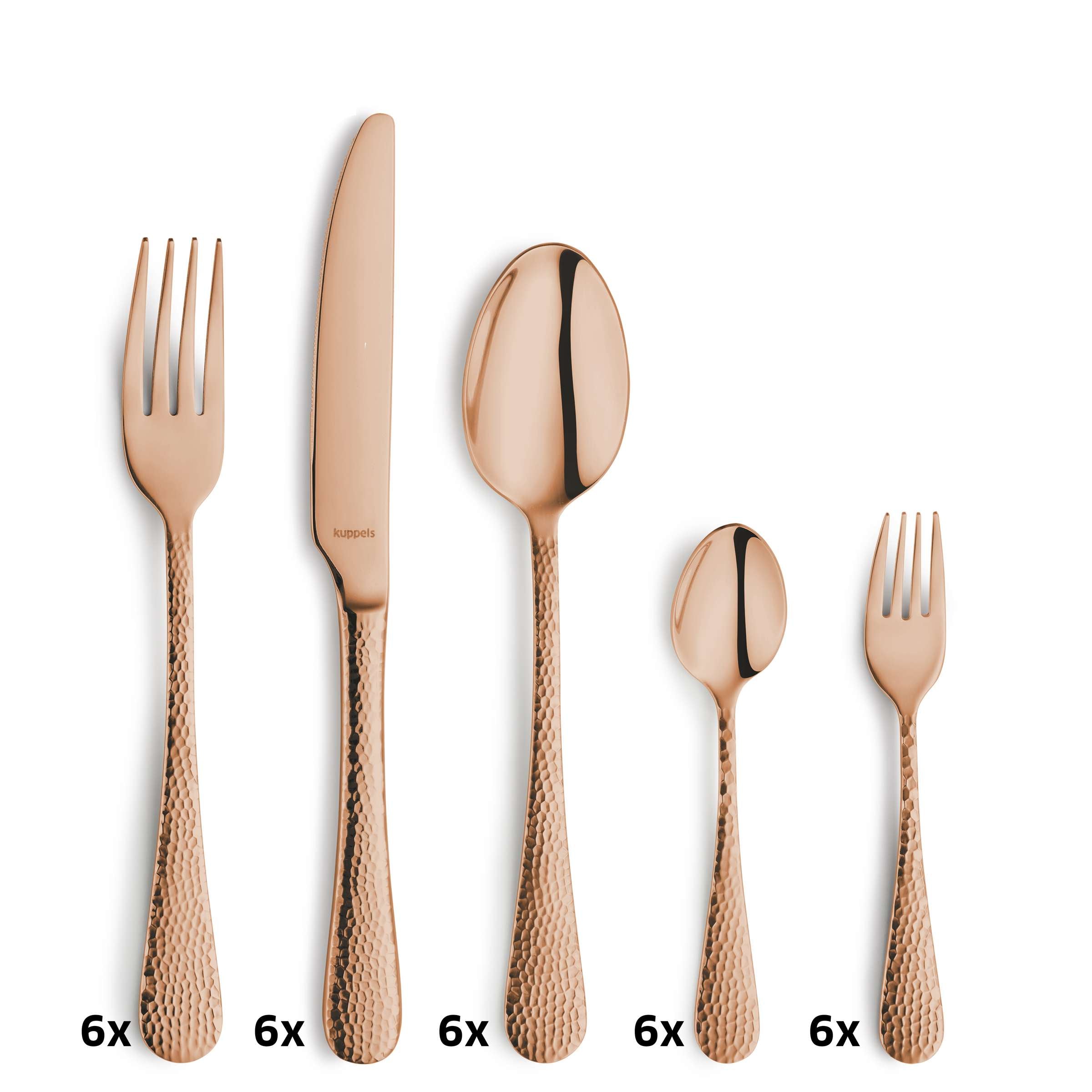 30-teiliges CRYSTAL Besteckset von Kuppels Home aus PVD rosé, glänzendes Besteck mit elegantem Design, auf weißem Hintergrund.