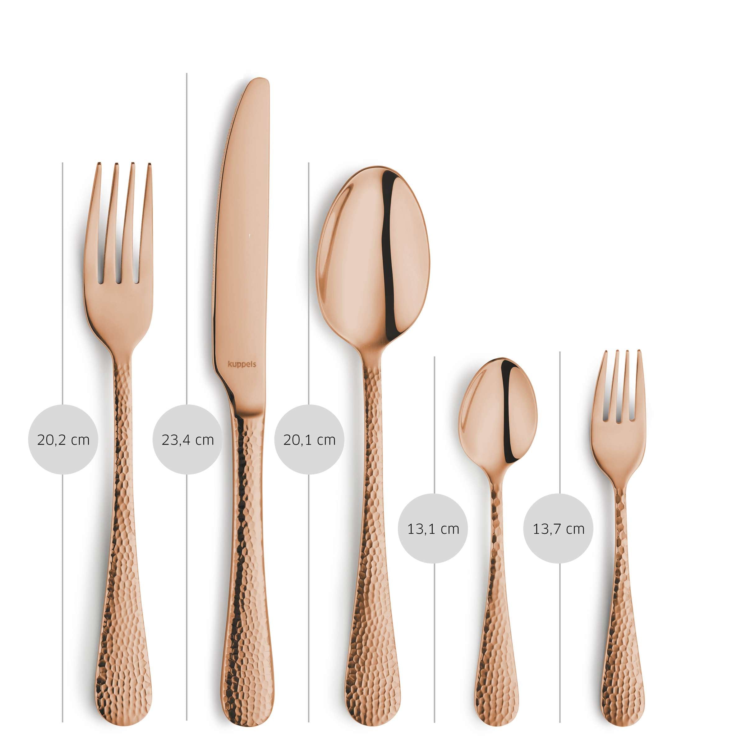 Elegantes 30-teiliges CRYSTAL Besteckset von Kuppels Home in PVD rosé mit glänzender Oberfläche und modernem Design.