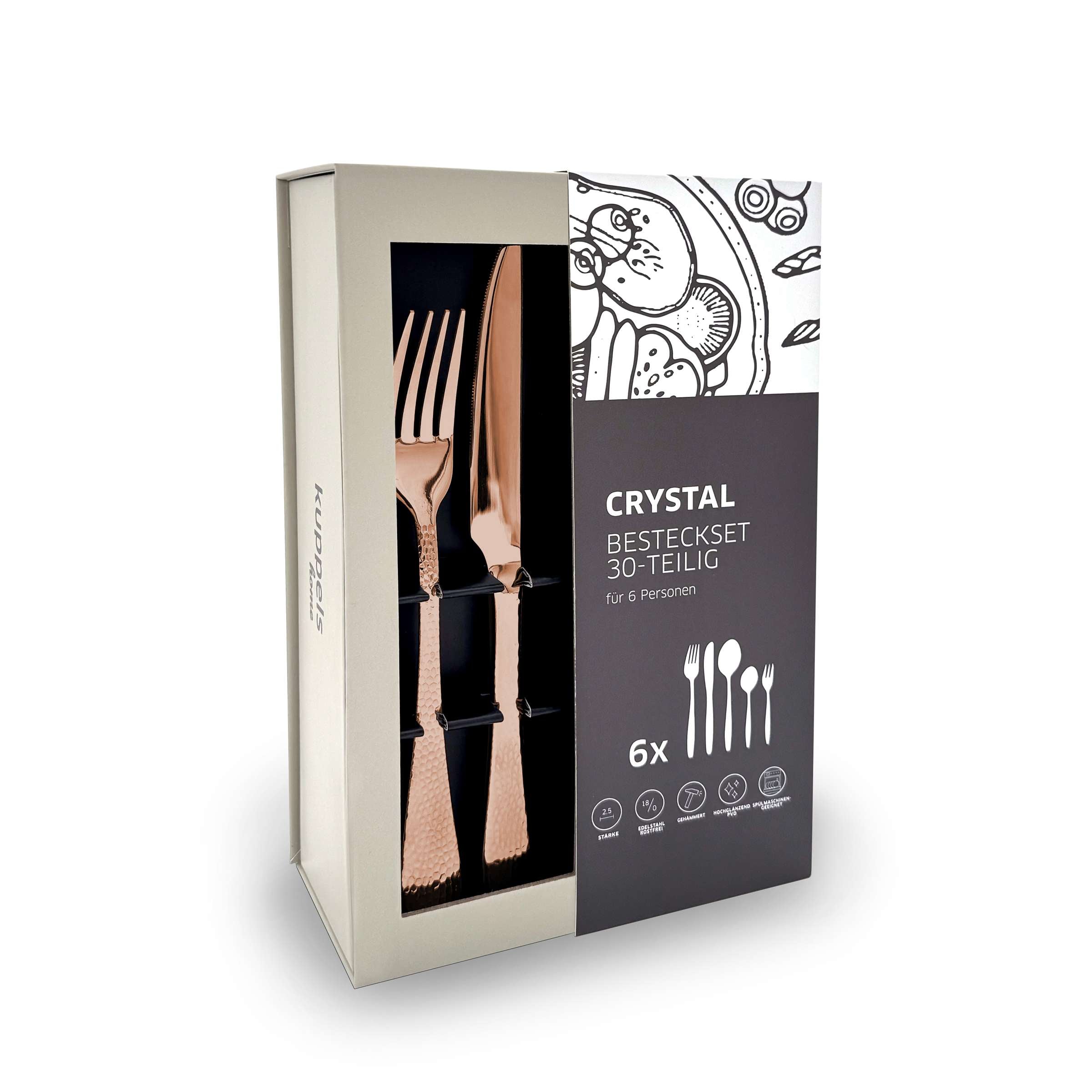 30-teiliges CRYSTAL Besteckset von Kuppels Home mit PVD-rosé-Finish, zeigt Besteckteile im eleganten Verpackungsdesign.