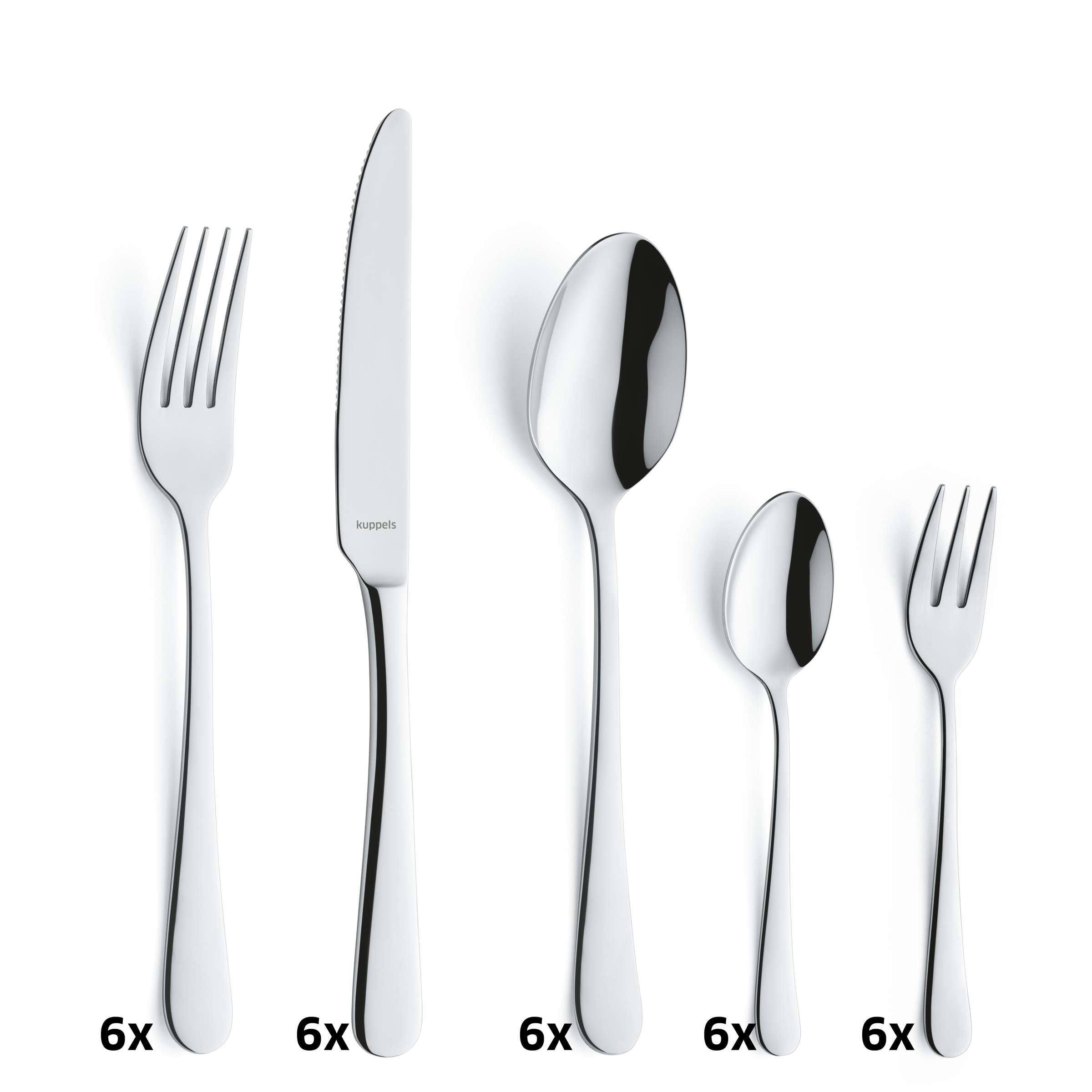 Ein 30-teiliges Kuppels Home Besteckset mit Messer, Gabel, Löffel aus Edelstahl, ordentlich auf einem Tisch.
