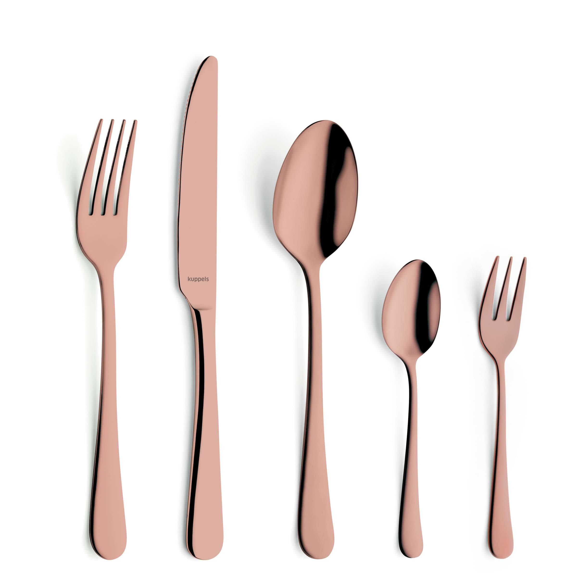 30-teiliges DELIA Besteckset von Kuppels Home aus PVD rosé, edles Besteck für den gedeckten Tisch, zeigt Messer, Gabeln und Löffel.
