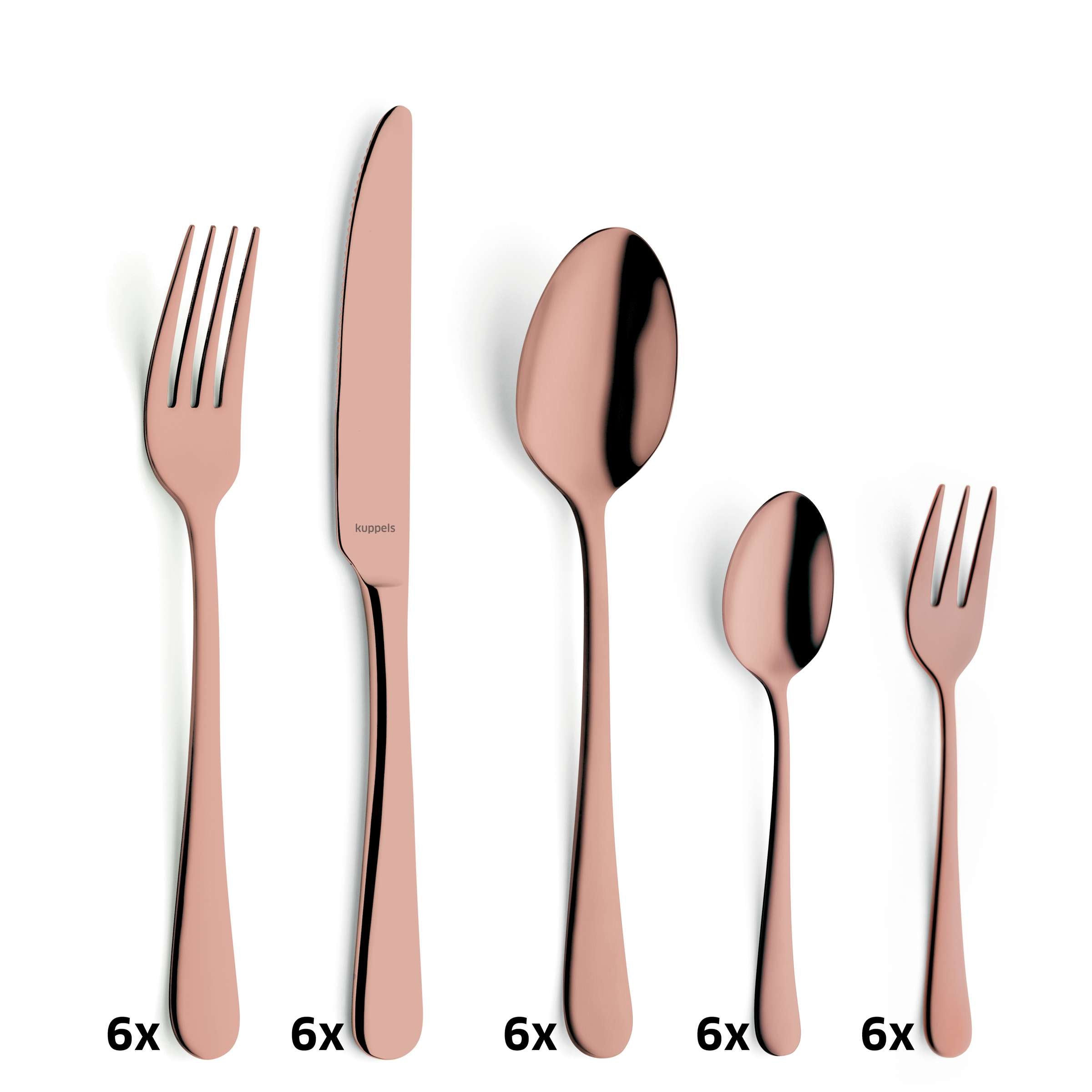 30-teiliges Kuppels Home Besteckset aus PVD rosé mit Messer, Gabel, Löffel, ideal für den Esstisch.