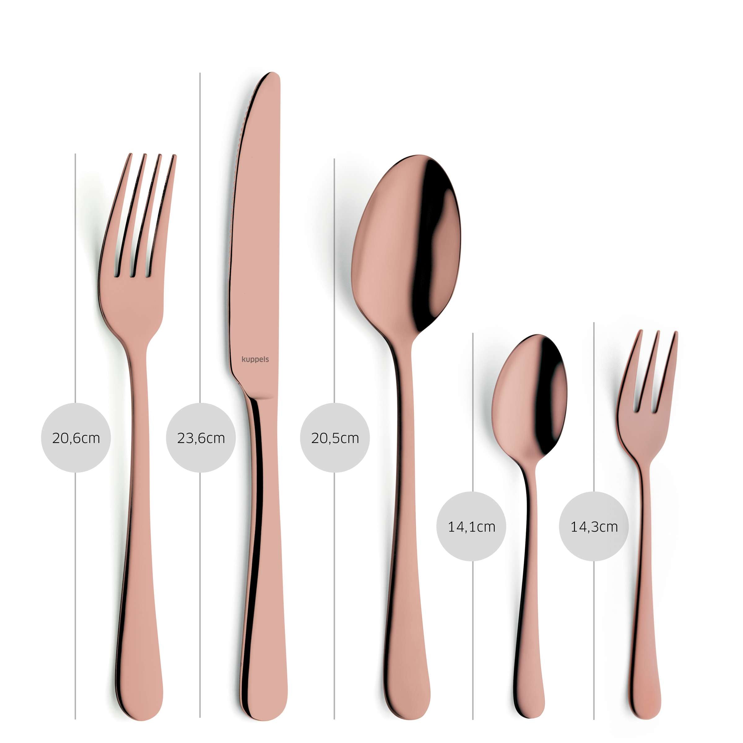 Das 30-teilige DELIA Besteckset von Kuppels Home aus PVD-rosé mit Messer, Gabel, Löffel und Teelöffel auf weißem Hintergrund.