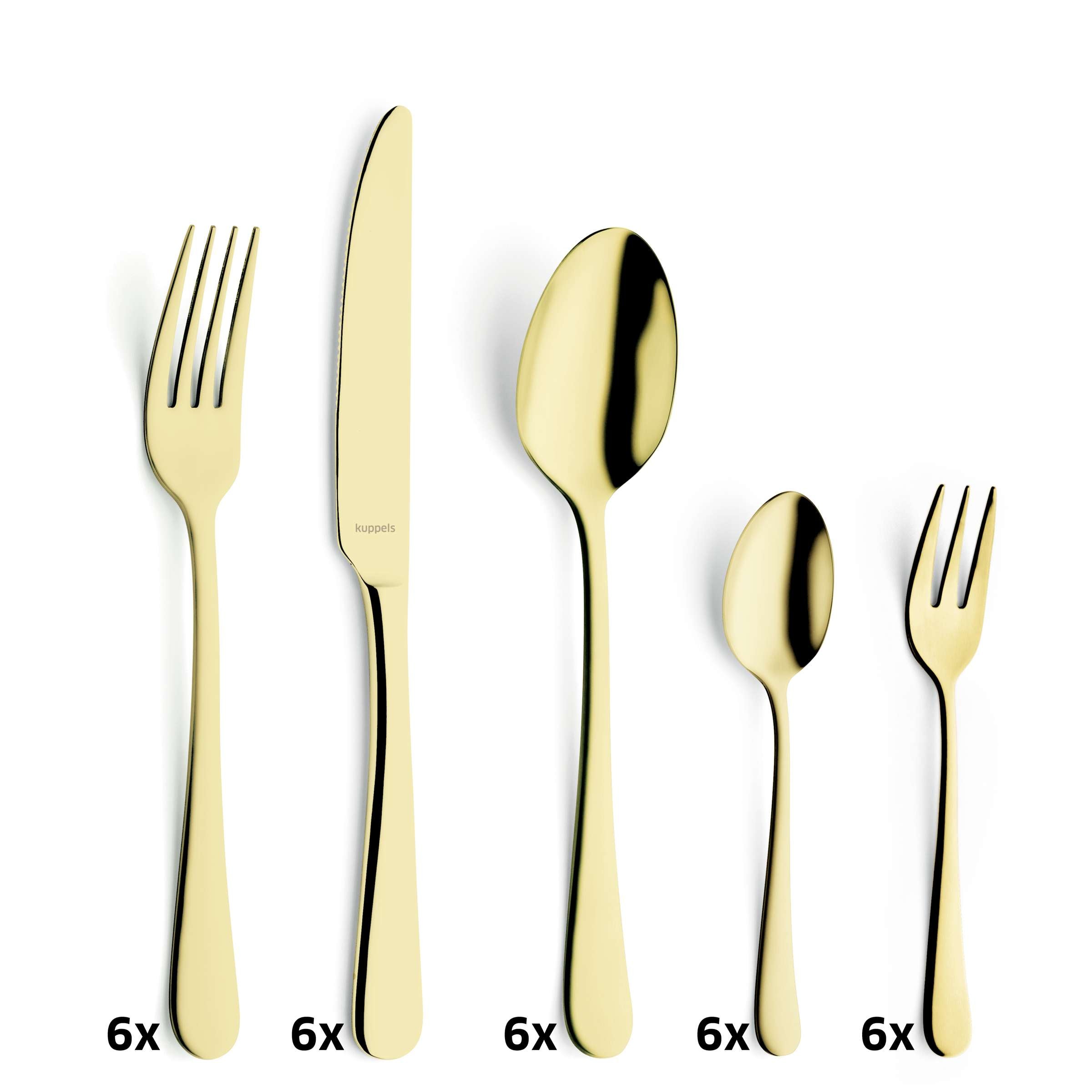 Elegantes 30-teiliges DELIA Besteckset von Kuppels Home mit Champagner-PVD-Finish, Edelstahl Besteck für elegante Esstische.