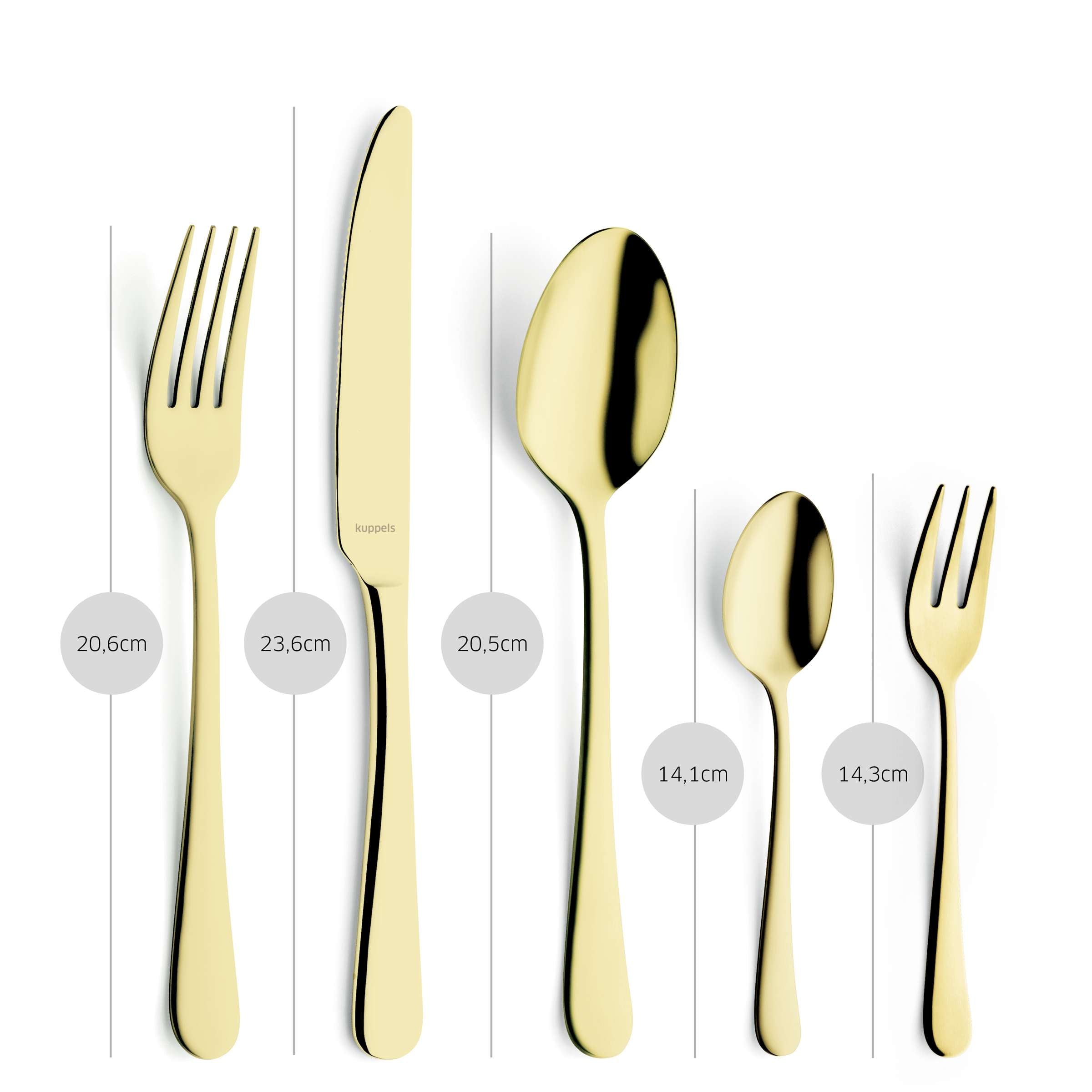 Elegantes 30-teiliges DELIA Besteckset von Kuppels Home aus PVD champagnerfarben, inklusive Messer, Gabeln, Löffel und Teelöffel