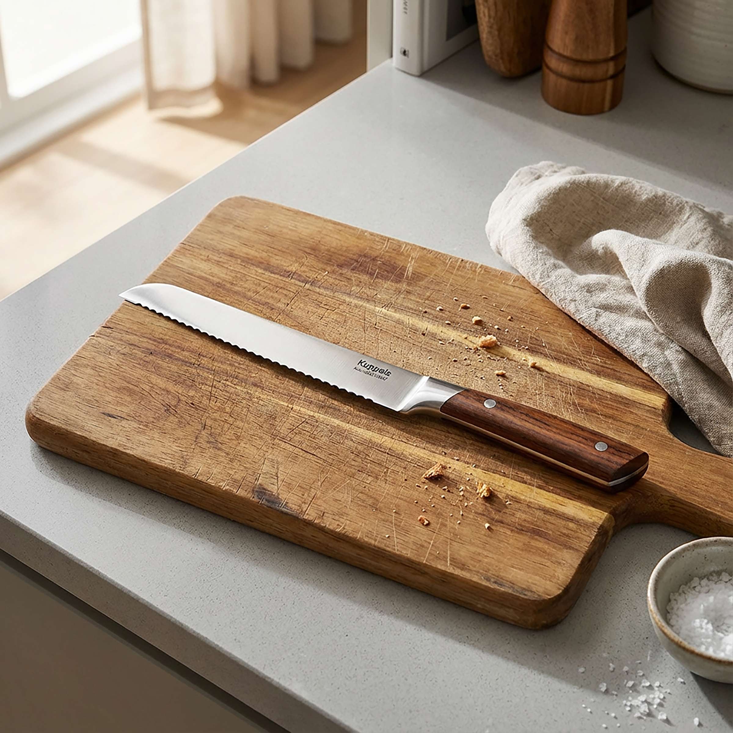 Kuppels AVID Brotmesser Küchenmesser mit scharfer Klinge, ideal zum Schneiden von Brot und Backwaren, Nahaufnahme, stilvoller Griff