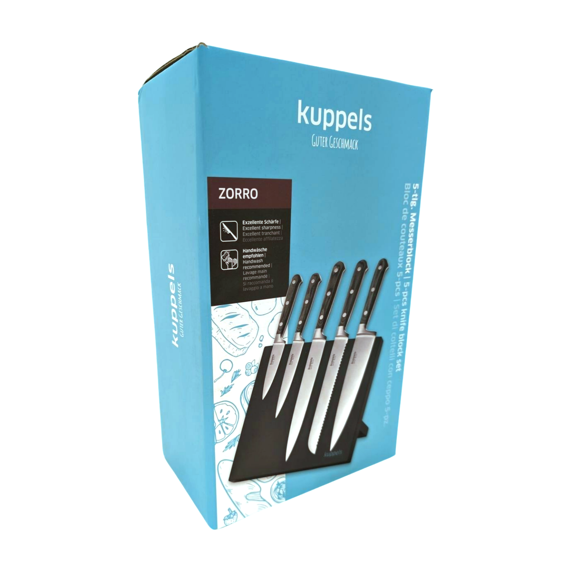 ZORRO Messerblock 5-teilig von Kuppels mit schwarzen Holzschlitzen und Edelstahlmesser im Messerständer sichtbar