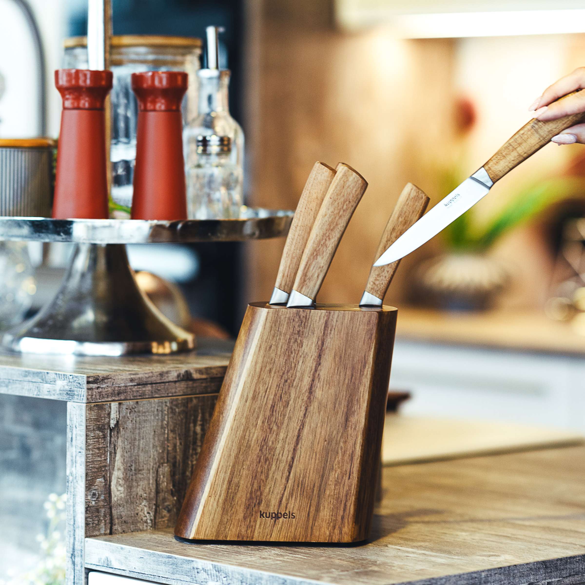Kuppels WOOD Messerblock 5-teilig aus Holz mit Messern, moderne Küchenaufbewahrung, Salz- und Pfeffermühle im Terracotta-Design