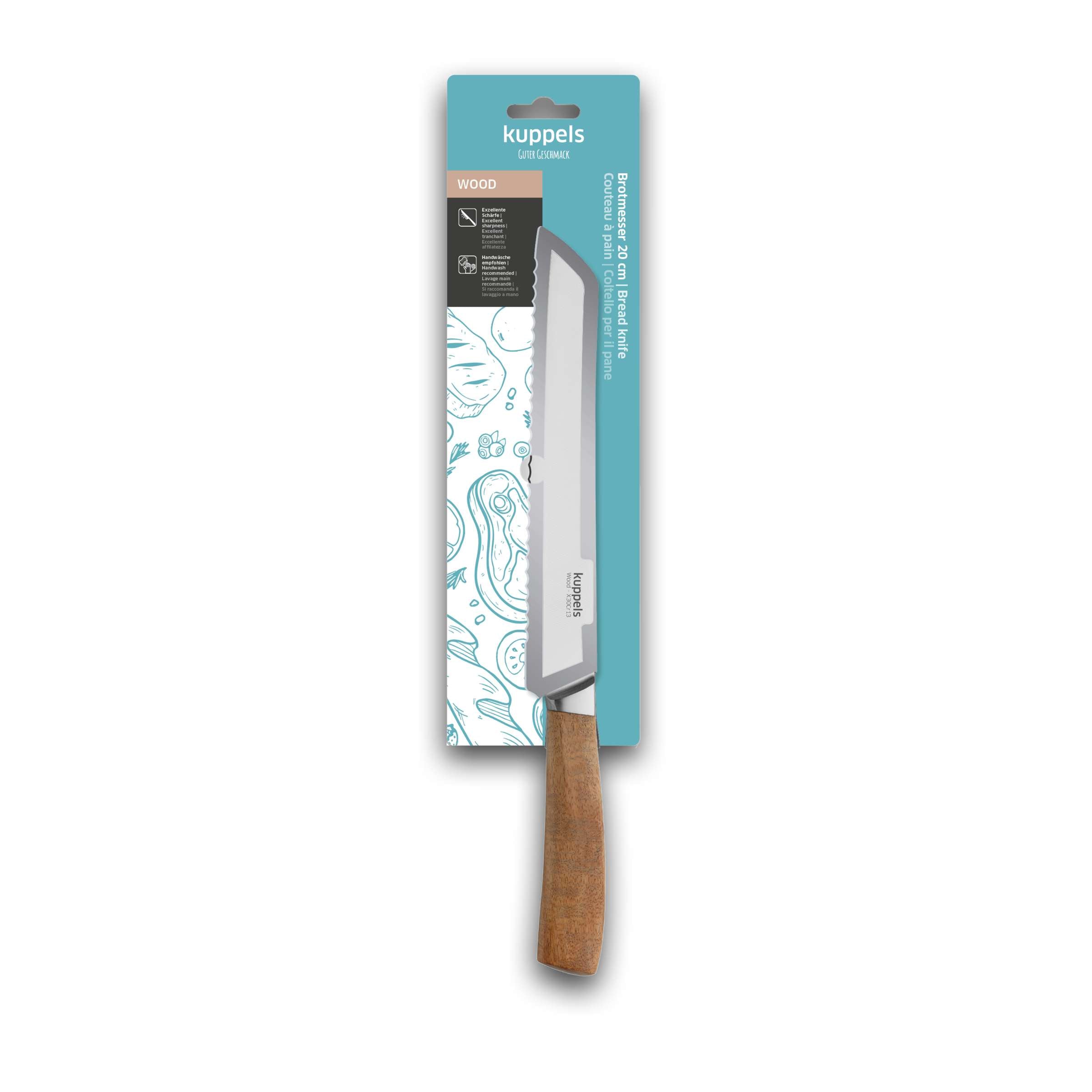 Kuppels WOOD Brotmesser in Verpackung, scharfes Küchenmesser mit Holzgriff für Brot und Gebäck schneiden
