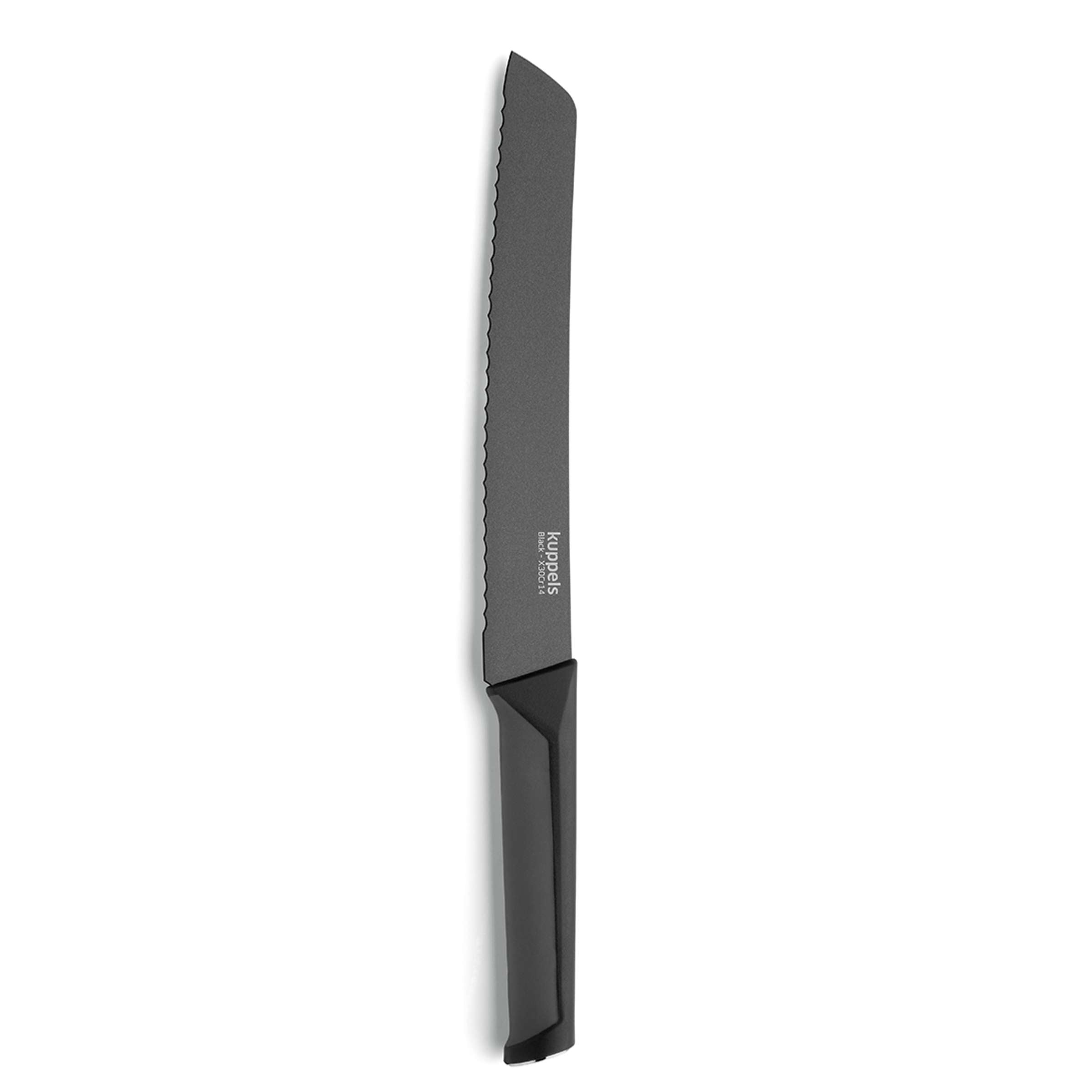 Schwarzes Brotmesser von Kuppels, Küchenmesser mit scharfer Klinge zum Schneiden von Brot, auf weißem Hintergrund.