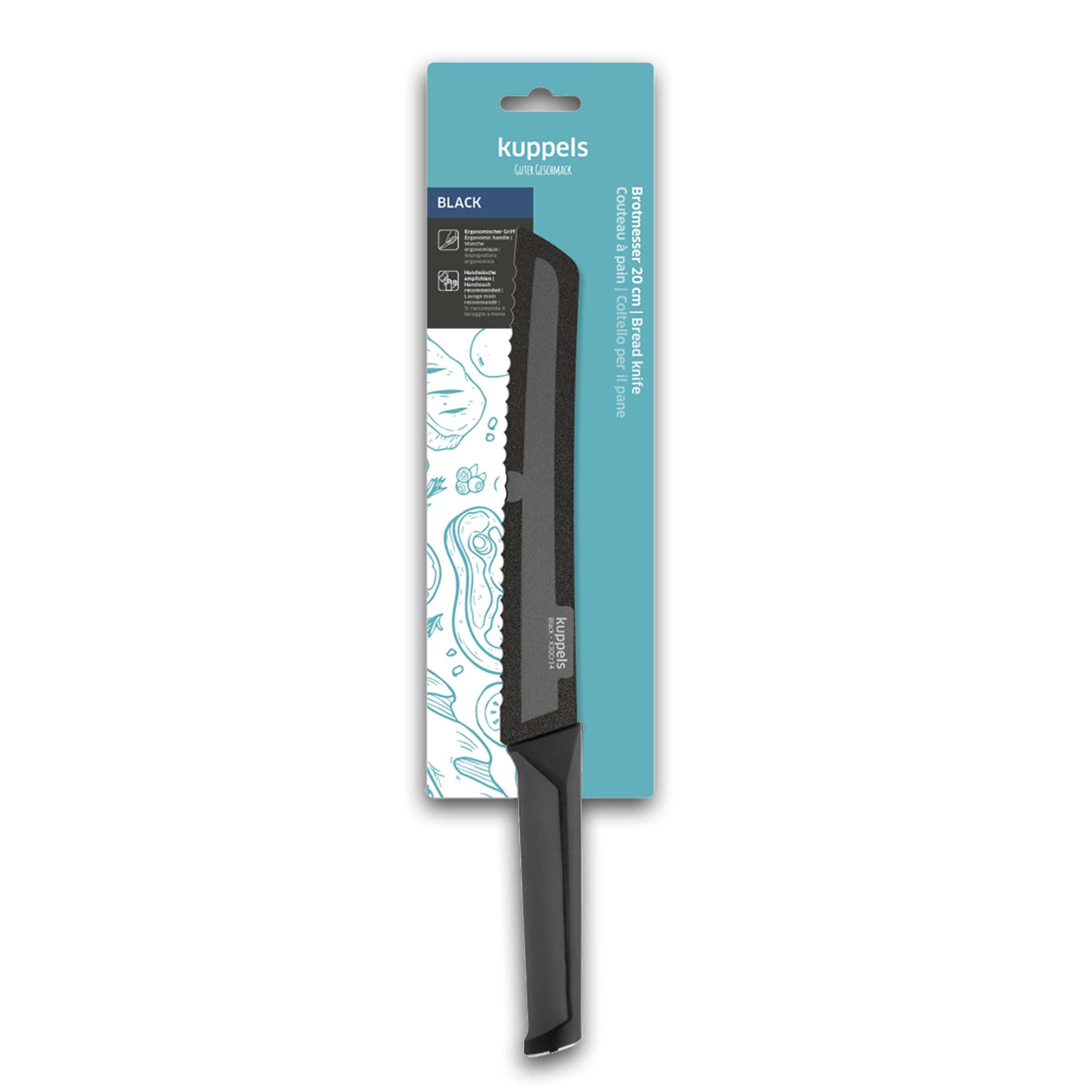 Schwarzes Kuppels Brotmesser in Verpackung, scharfes Küchenmesser für Brot und Gebäck, hochwertiges Küchenwerkzeug