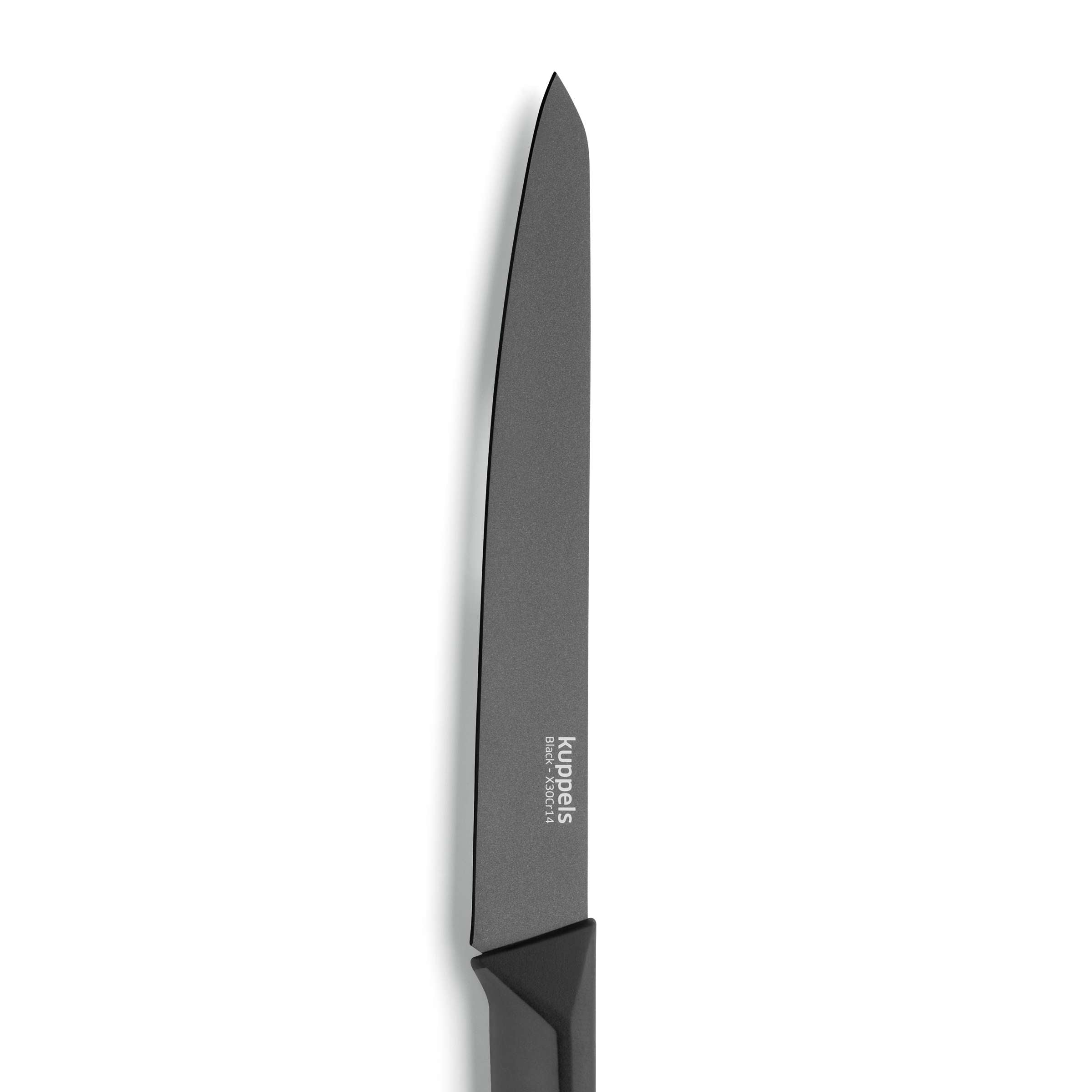Schwarzes Fleischmesser von Kuppels, Küchenmesser mit scharfer Klinge für präzises Schneiden, auf weißem Hintergrund fotografiert