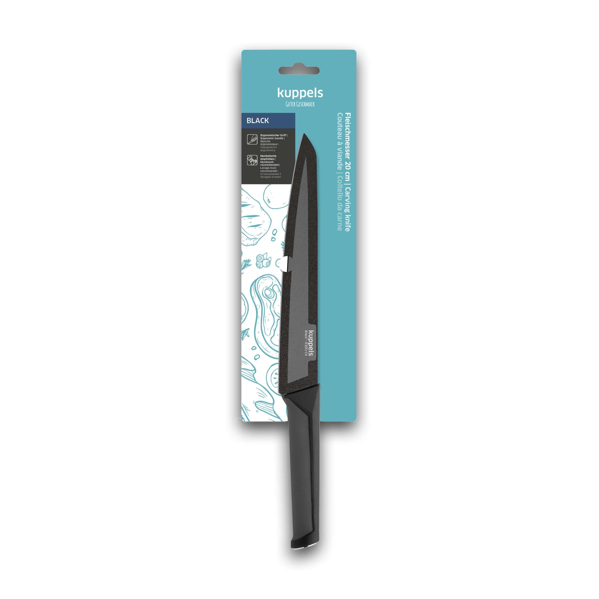 Schwarzes Küchenmesser von Kuppels, Fleischmesser, in Verpackung, scharfe Klinge für präzises Schneiden, hochwertiges Küchenwerkzeug