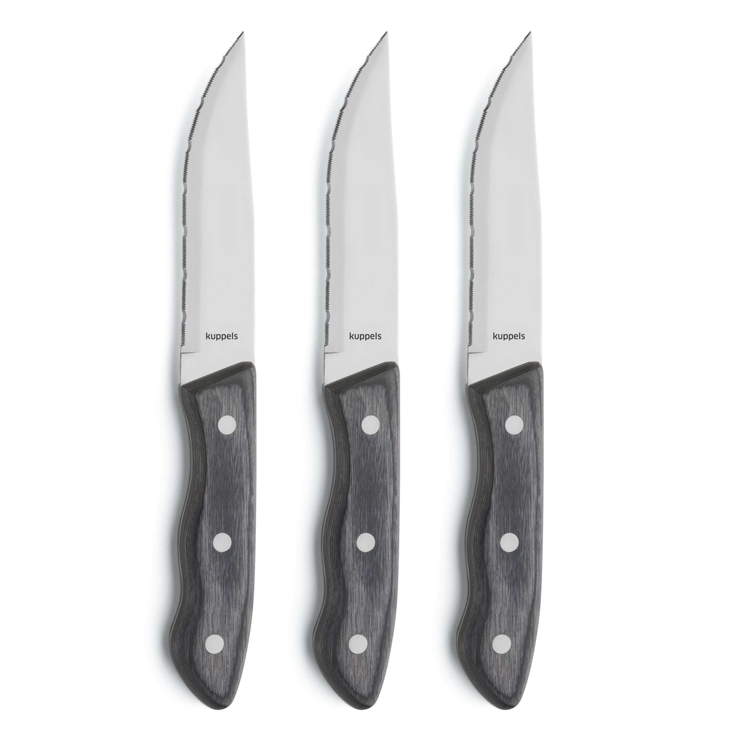 Drei schwarze Steakmesser im Kuppels Messer-Set, hochwertiges Besteck für sauberes Schneiden von Fleisch.