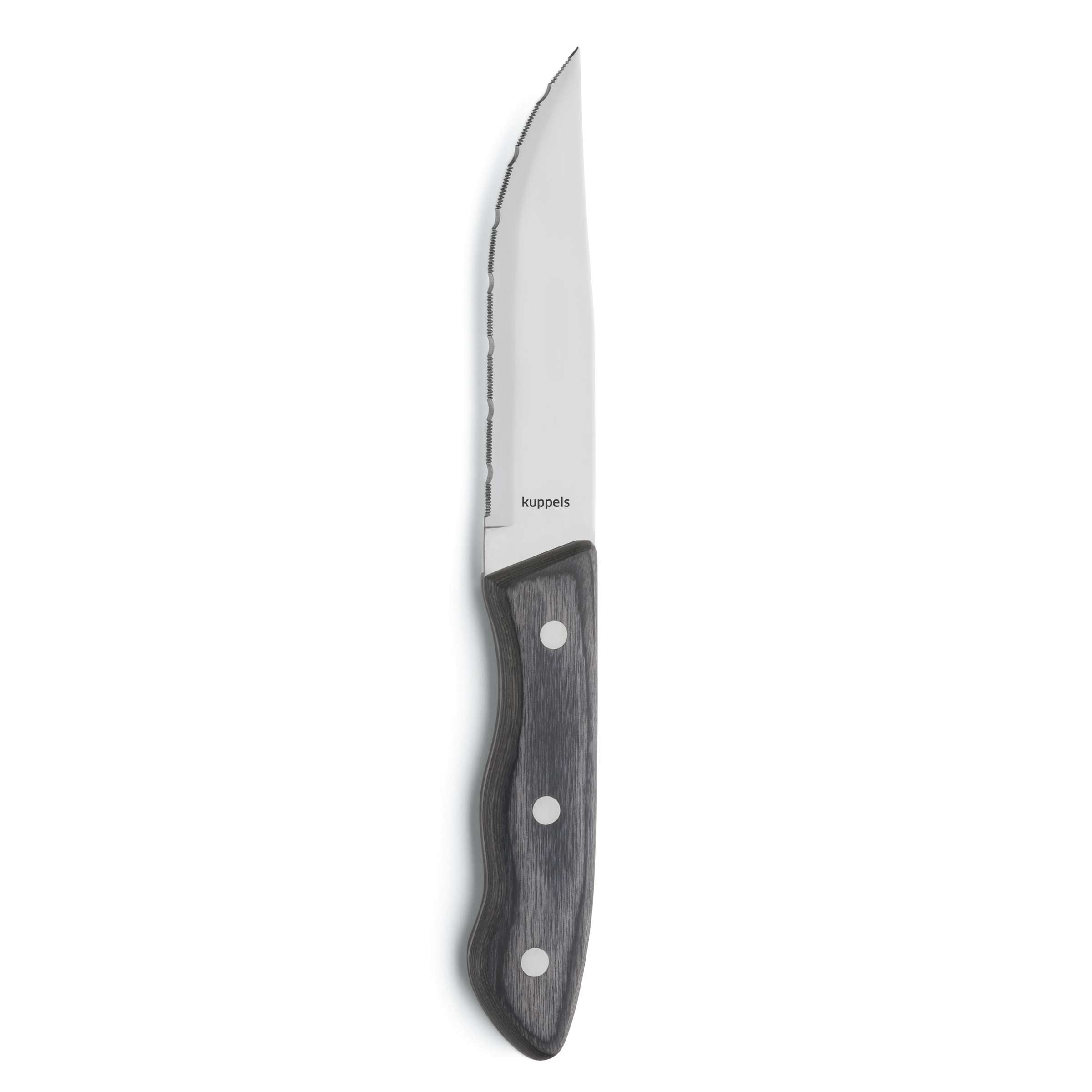 Drei schwarze Steakmesser im Kuppels Steakmesserset, scharfe Klingen und ergonomische Griffe, für sauberes Schneiden von Fleisch.