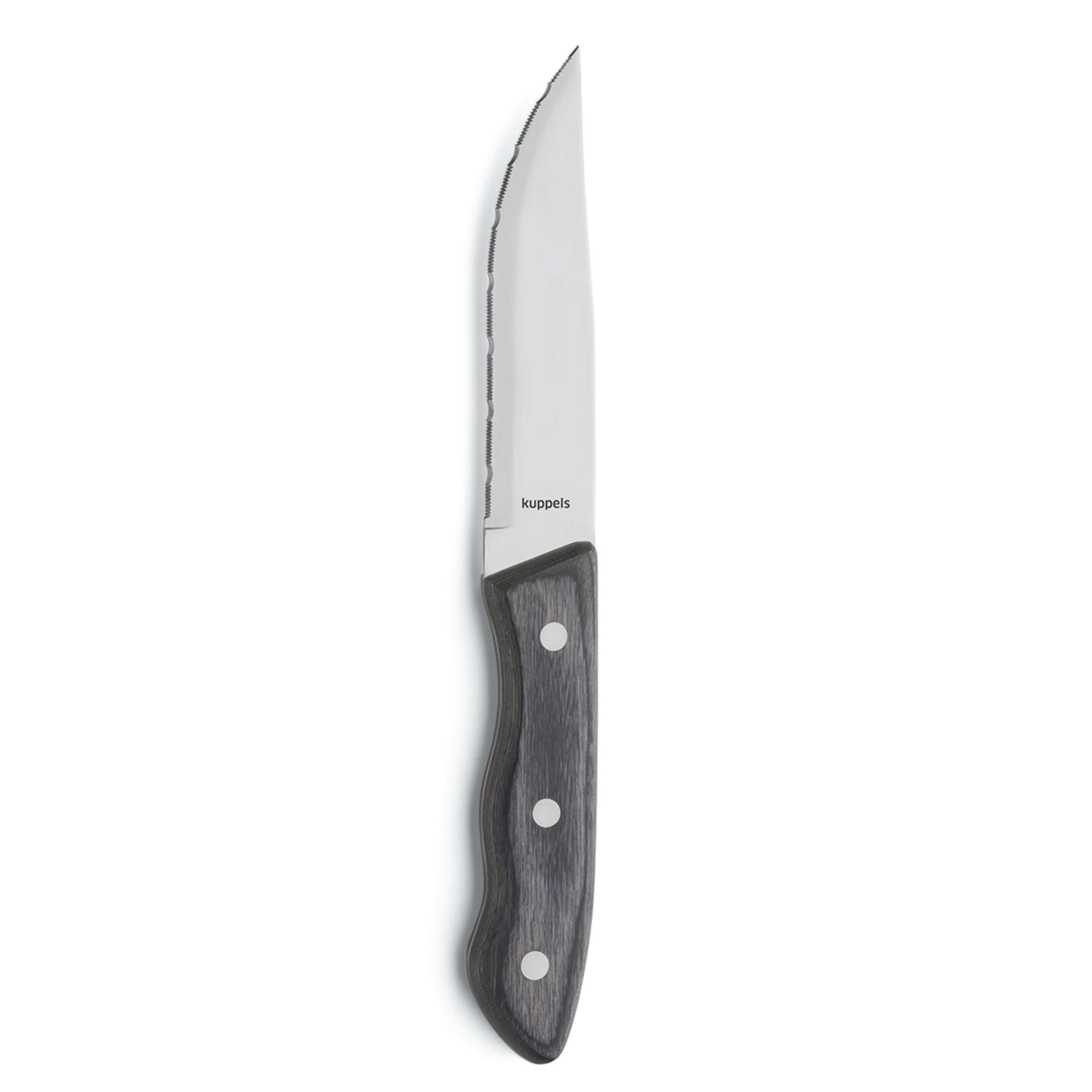 Drei schwarze Steakmesser im Kuppels Steakmesserset, scharfe Klingen und ergonomische Griffe, für sauberes Schneiden von Fleisch.