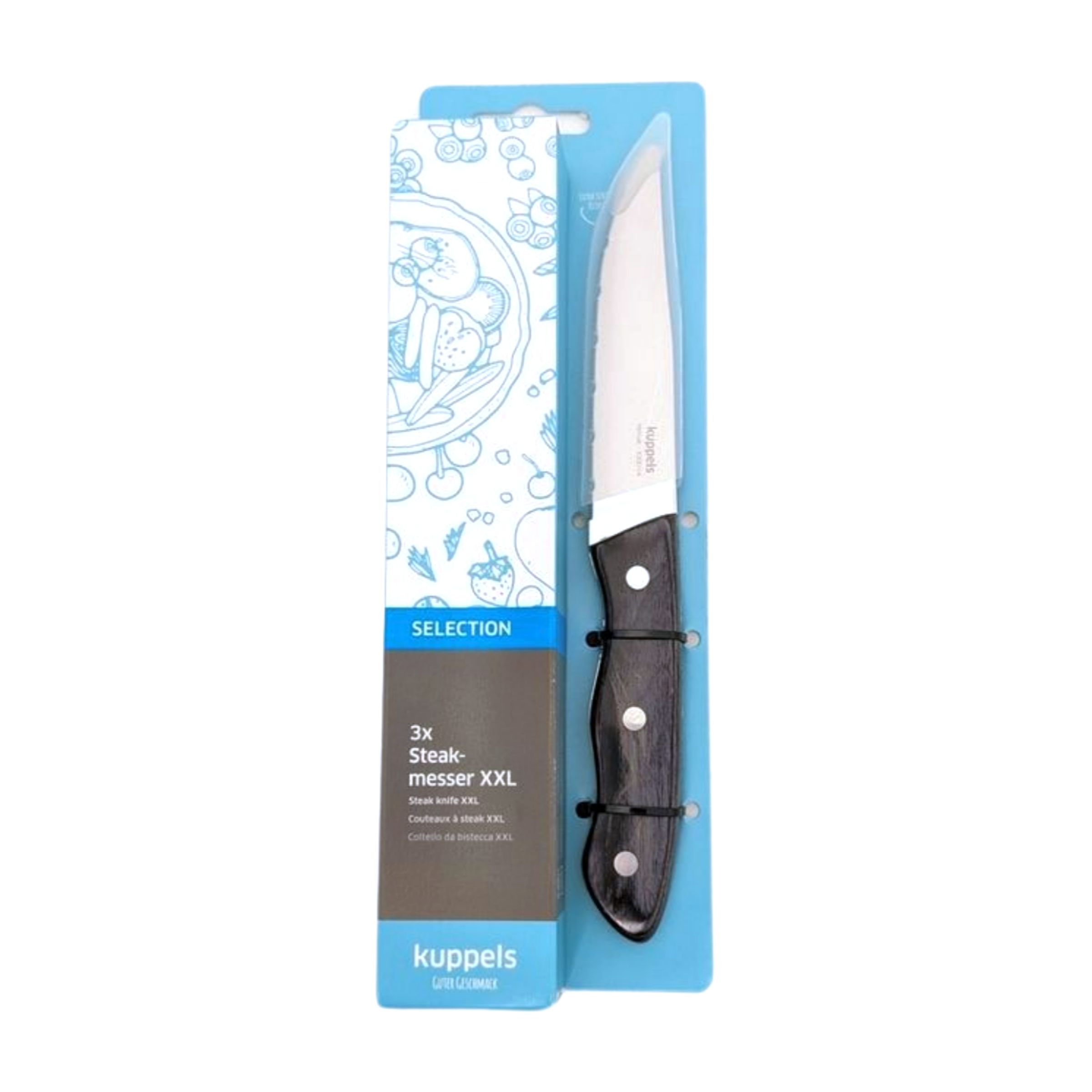 Drei schwarze Steakmesser im Kuppels Messer-Set, hochwertige Edelstahlklingen und ergonomische Griffe, ideal für Steakgenuss.