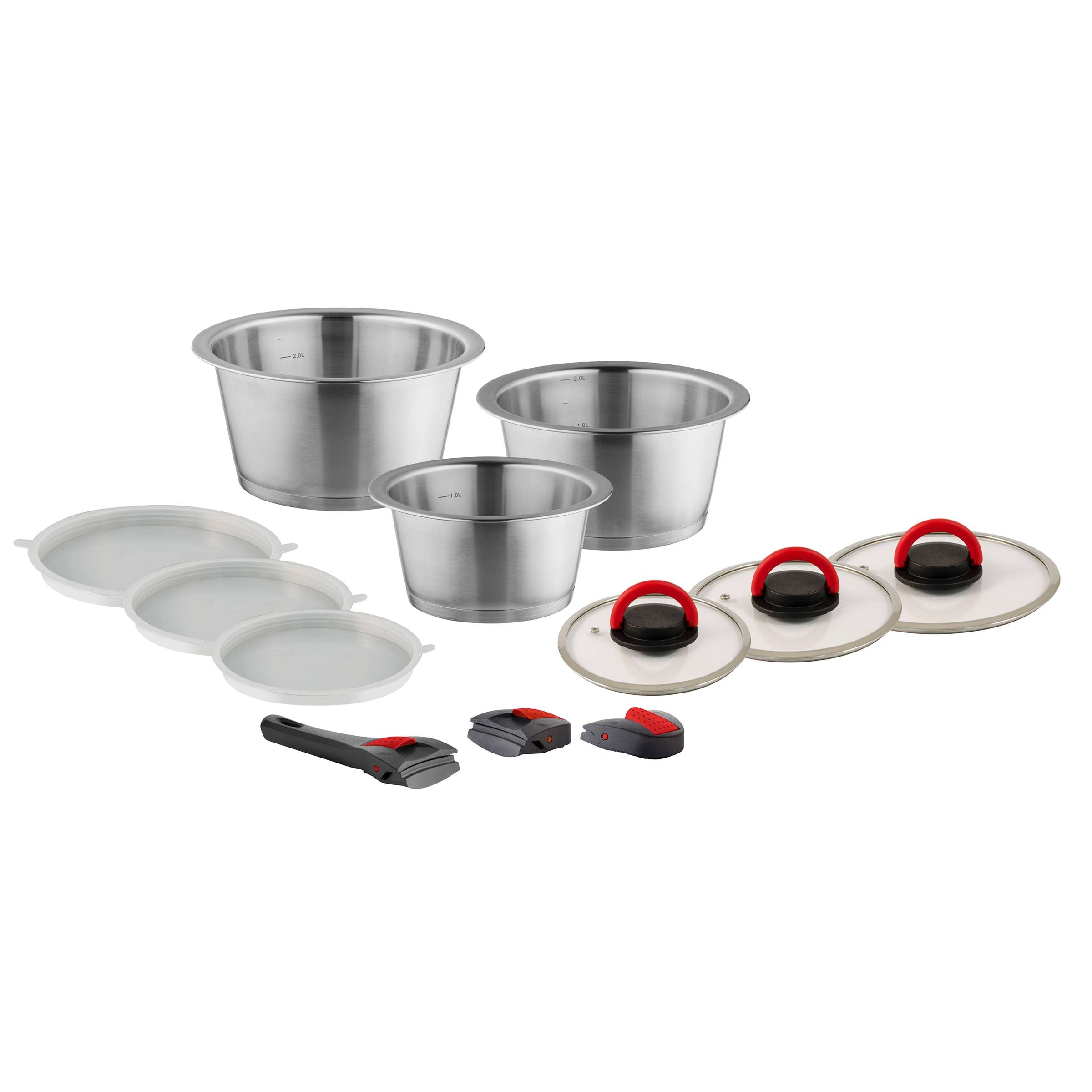 12-teiliges QUICK CLACK PRO Topf-Set von Kuppels mit verschiedenen Töpfen und Pfannen für die Küche, glänzendes Edelstahl.