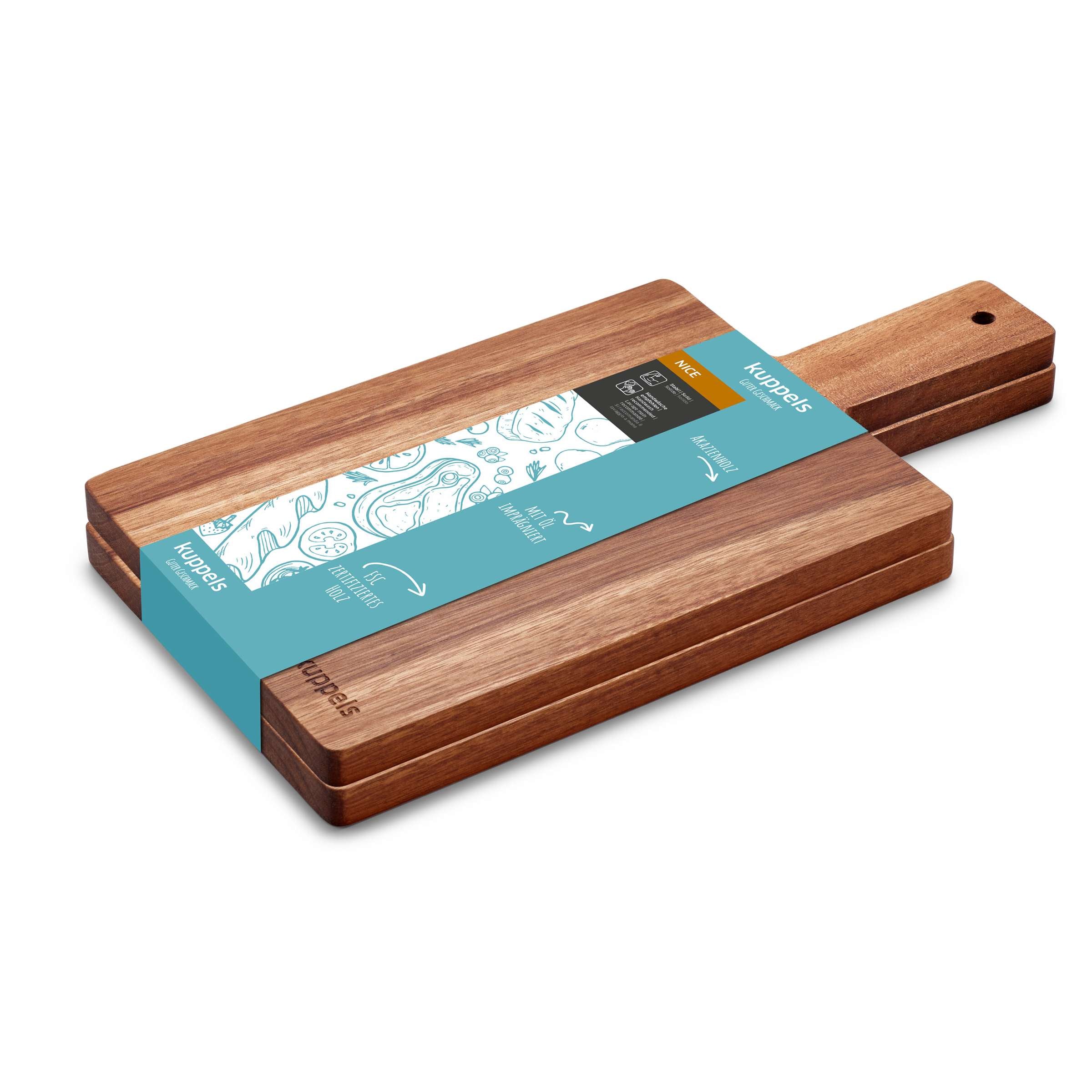 NICE Schneidebrett Set 2-teilig von Kuppels, langlebige Holz-Chopping Boards, in Verpackung sichtbar