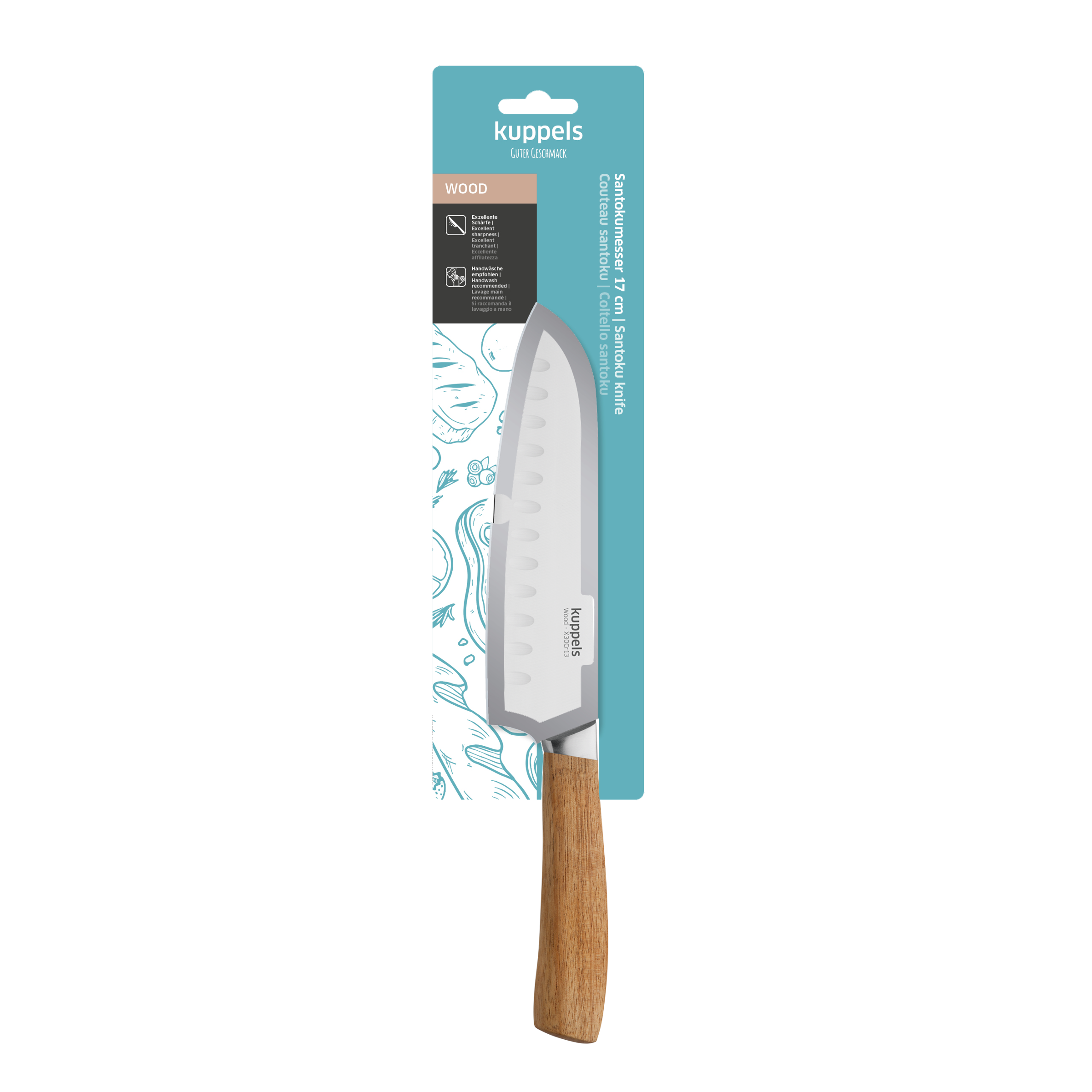 Kuppels Holz Santokumesser, Küchenmesser mit Holzgriff, scharf und ergonomisch, für präzises Schneiden in der Küche