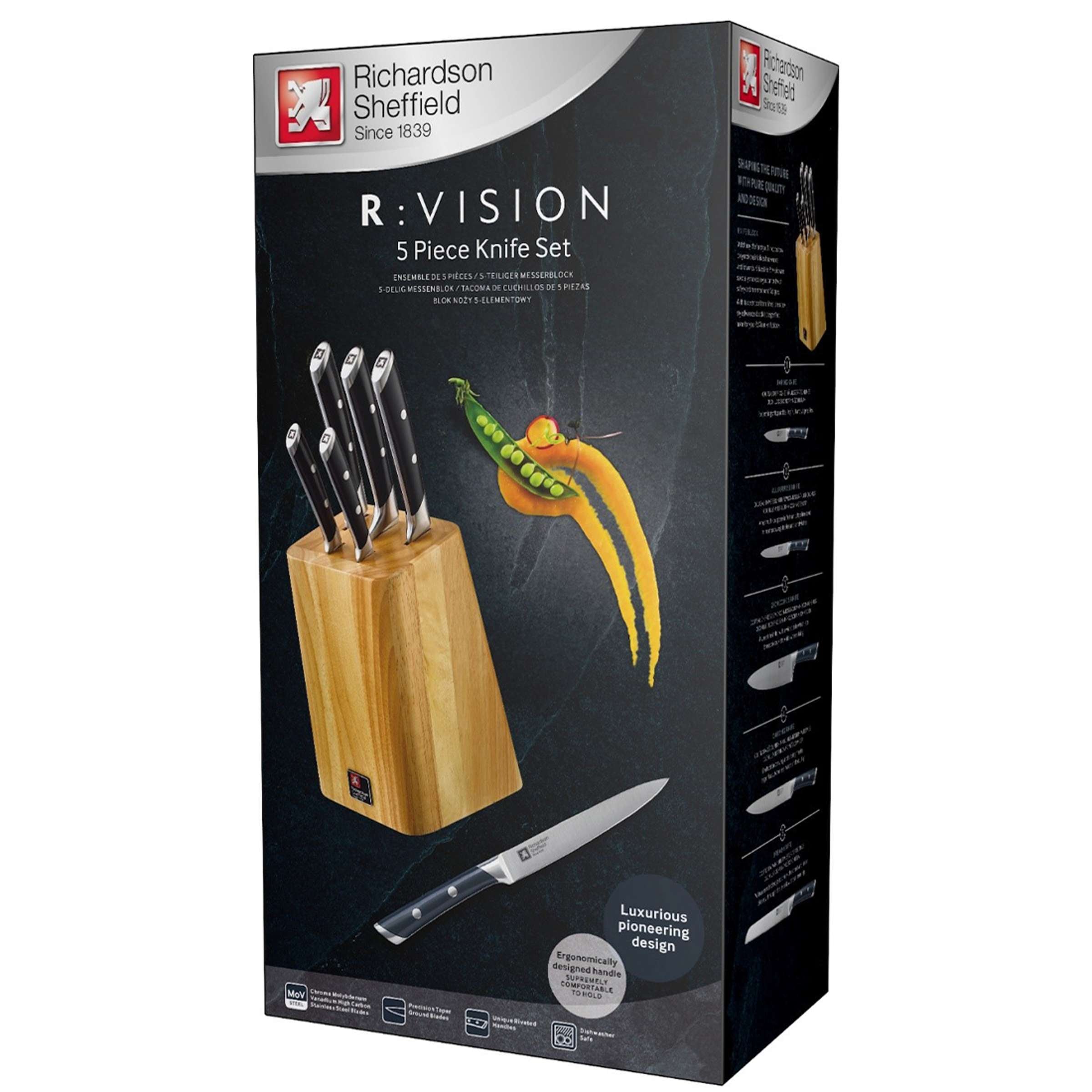 R:VISION Messerblock 5-teilig von Richardson Sheffield, stilvoller Messerblock aus Holz mit fünf Messern für die Küche