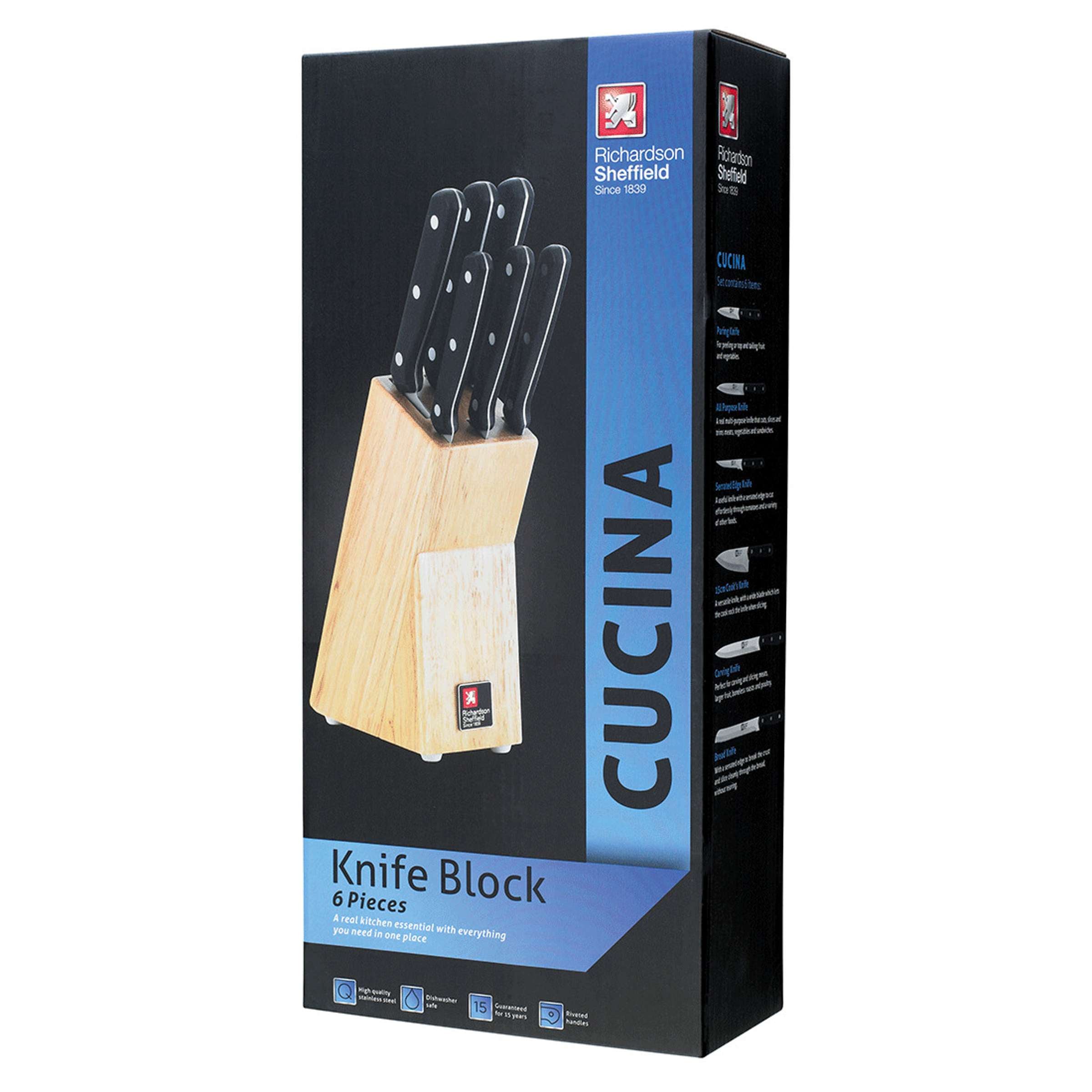 Holz-Messerblock von Richardson Sheffield mit sechs Messern, elegante Aufbewahrung für Küchenmesser, Blick auf die Messer im Block