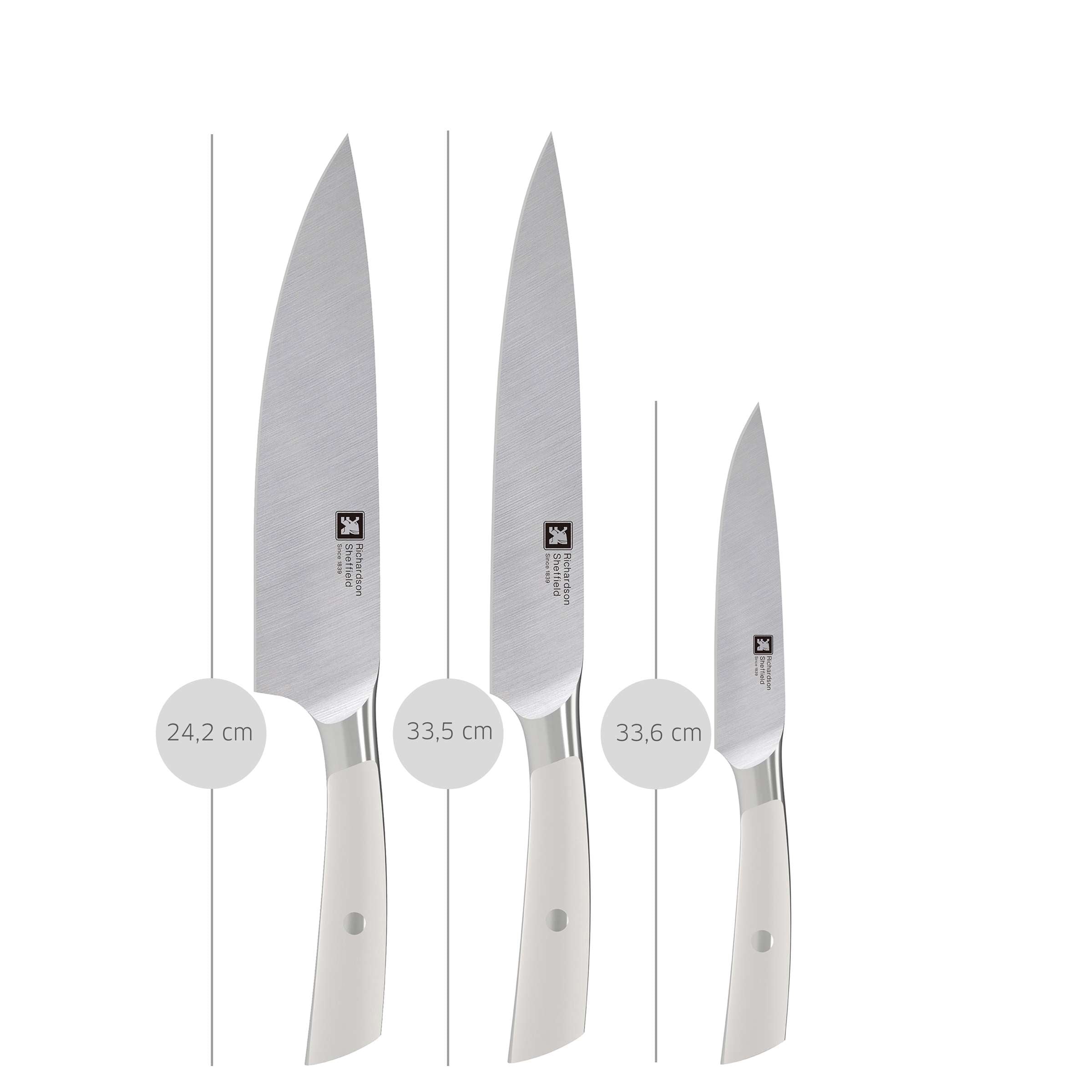 Drei Messer im SUPREME Küchenmesser Set von Richardson Sheffield, scharfe Küchenmesser mit Edelstahlklingen und ergonomischen Griffen.