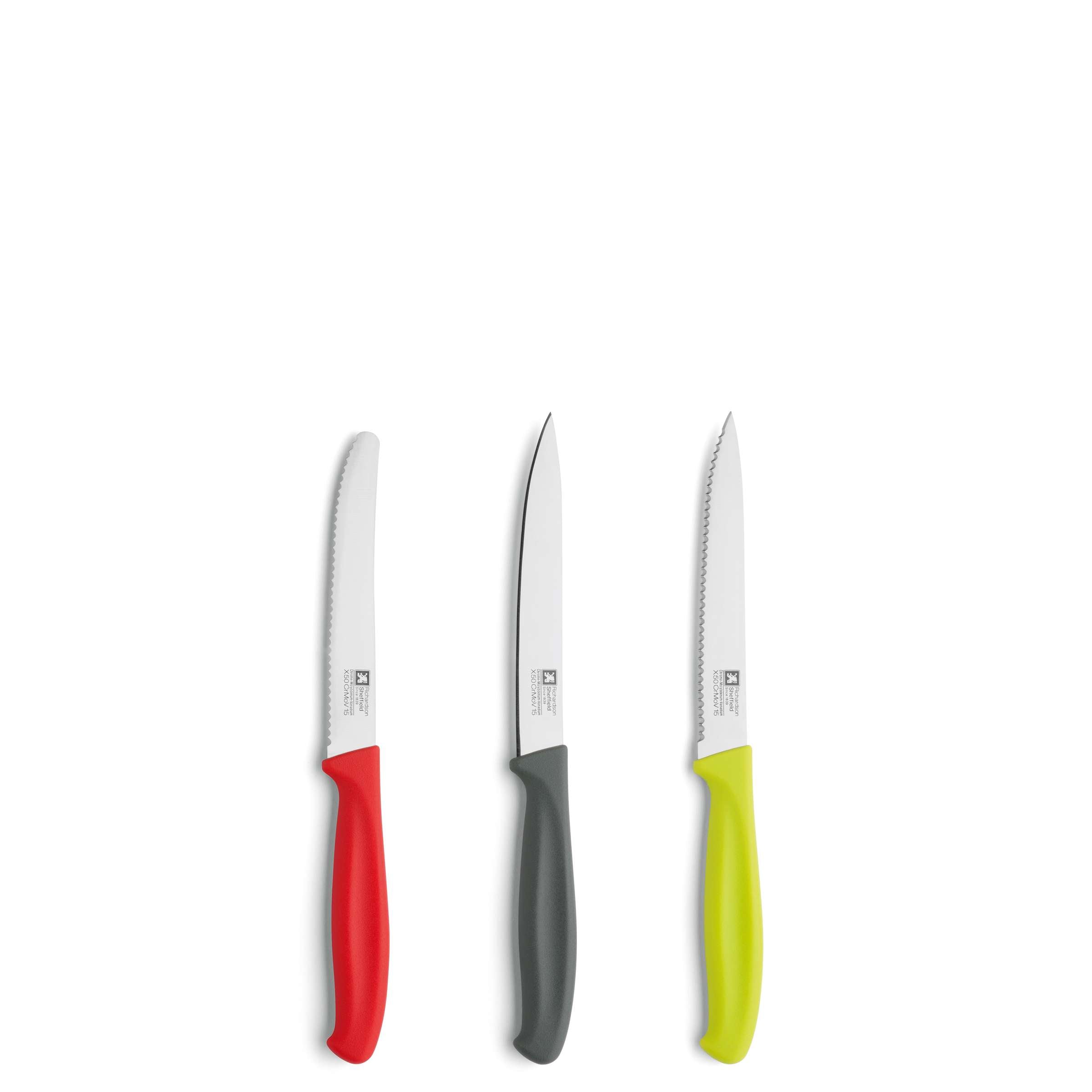 Drei Messer im SUP R CUT Allzweckmesser Set von Richardson Sheffield, Küchenmesser mit scharfen Klingen und ergonomischen Griffen