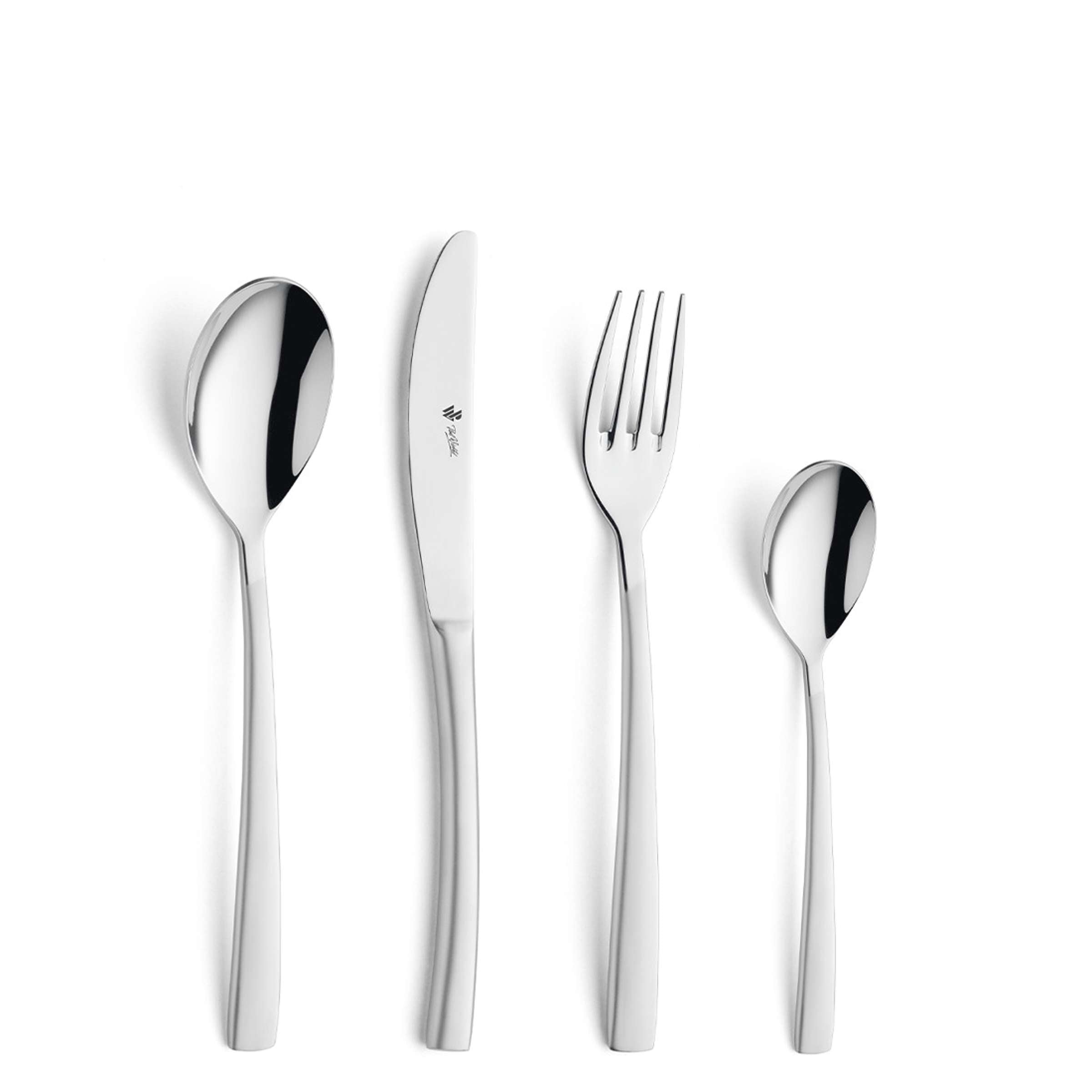 Kinderbesteck-Set von Paul Wirths, 4-teilig, mattiertes Besteck für Kinder, zeigt Messer, Gabel, Löffel und Teelöffel.