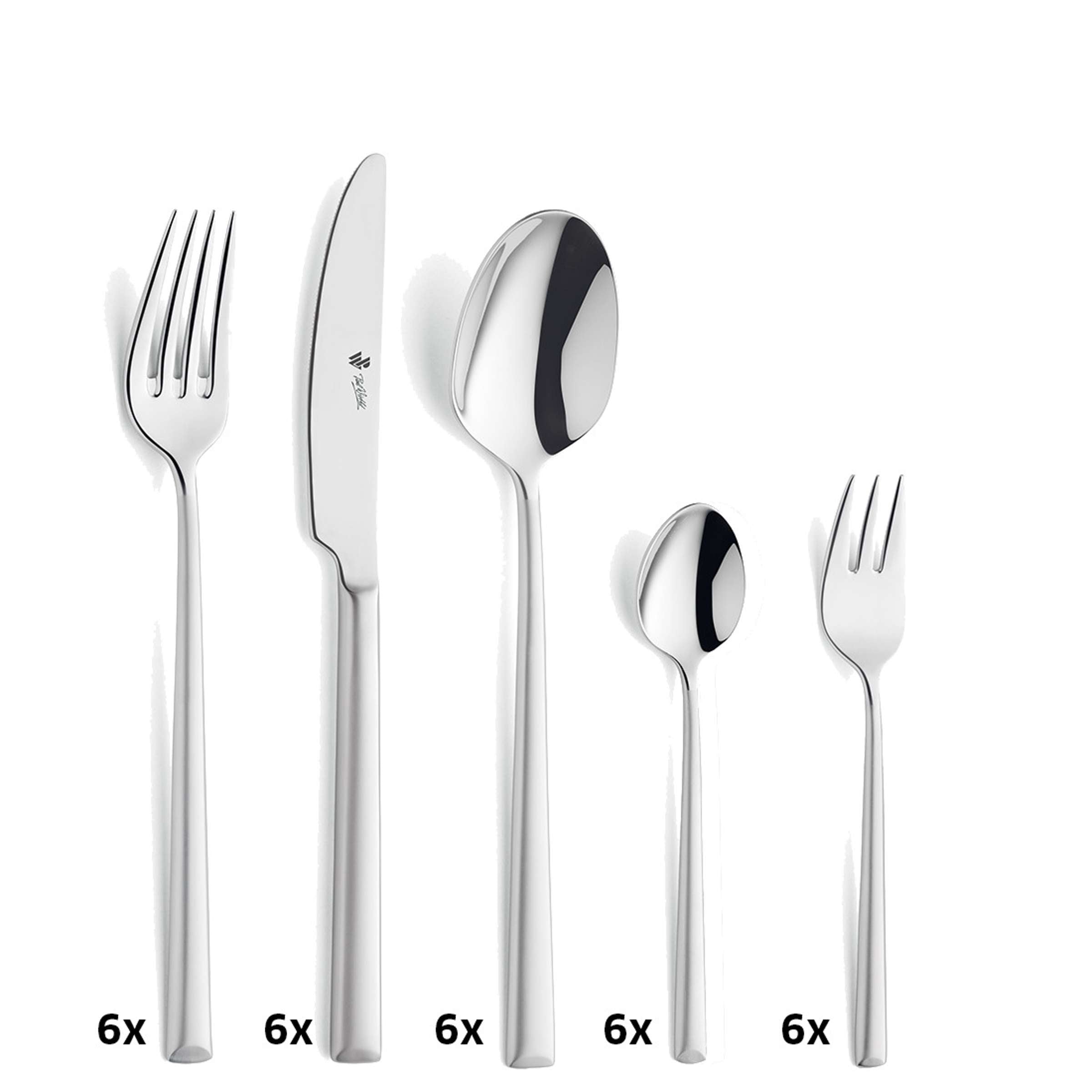 VIVENDI Besteckset 30-teilig, mattiertes Besteck von Paul Wirths, zeigt Messer, Gabeln, Löffel aus Edelstahl auf weißem Hintergrund.