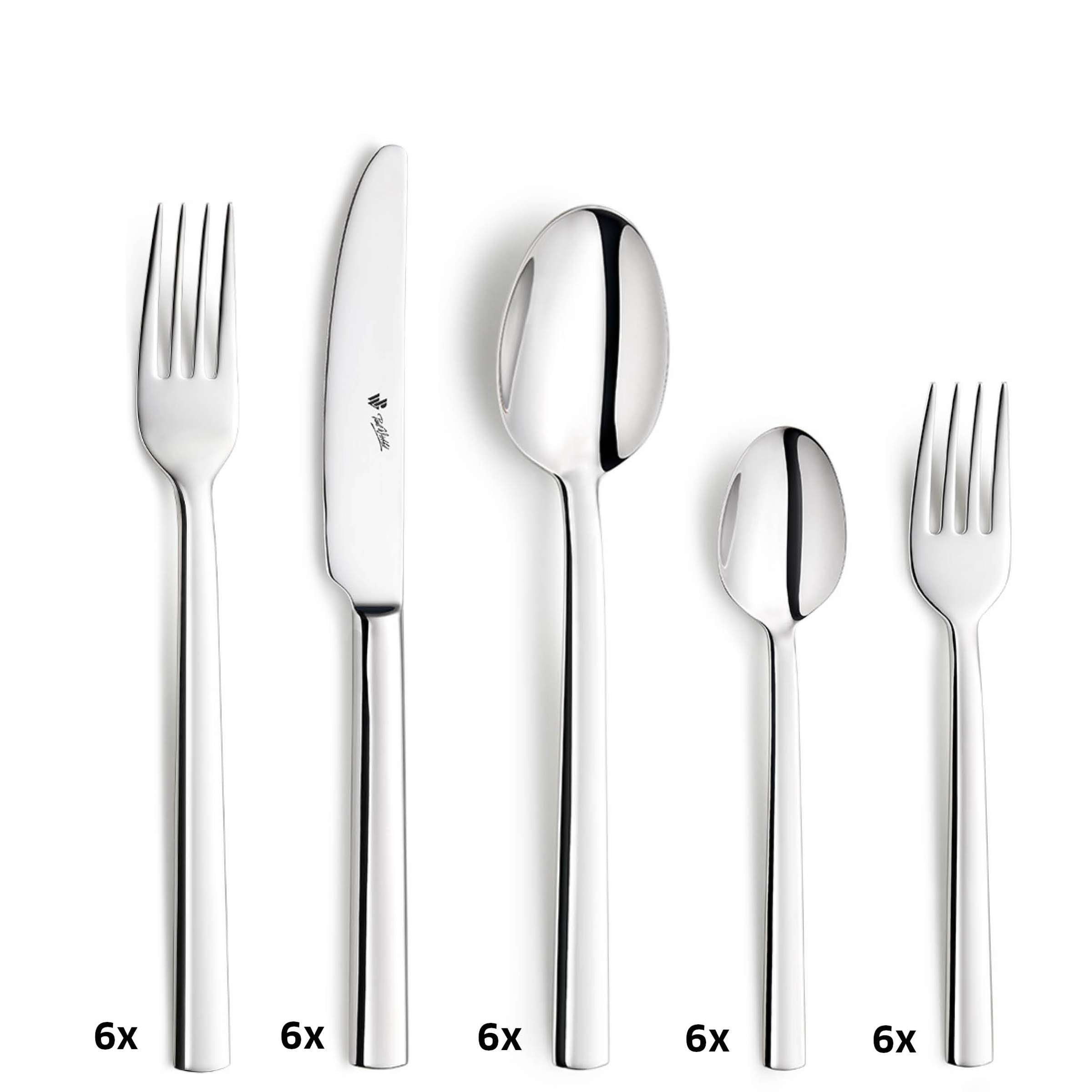 Paul Wirths AURA Besteckset, 30-teilig, elegantes Messer-, Gabel- und Löffelset aus Edelstahl, sauber und ordentlich auf einem weißen Hintergrund.