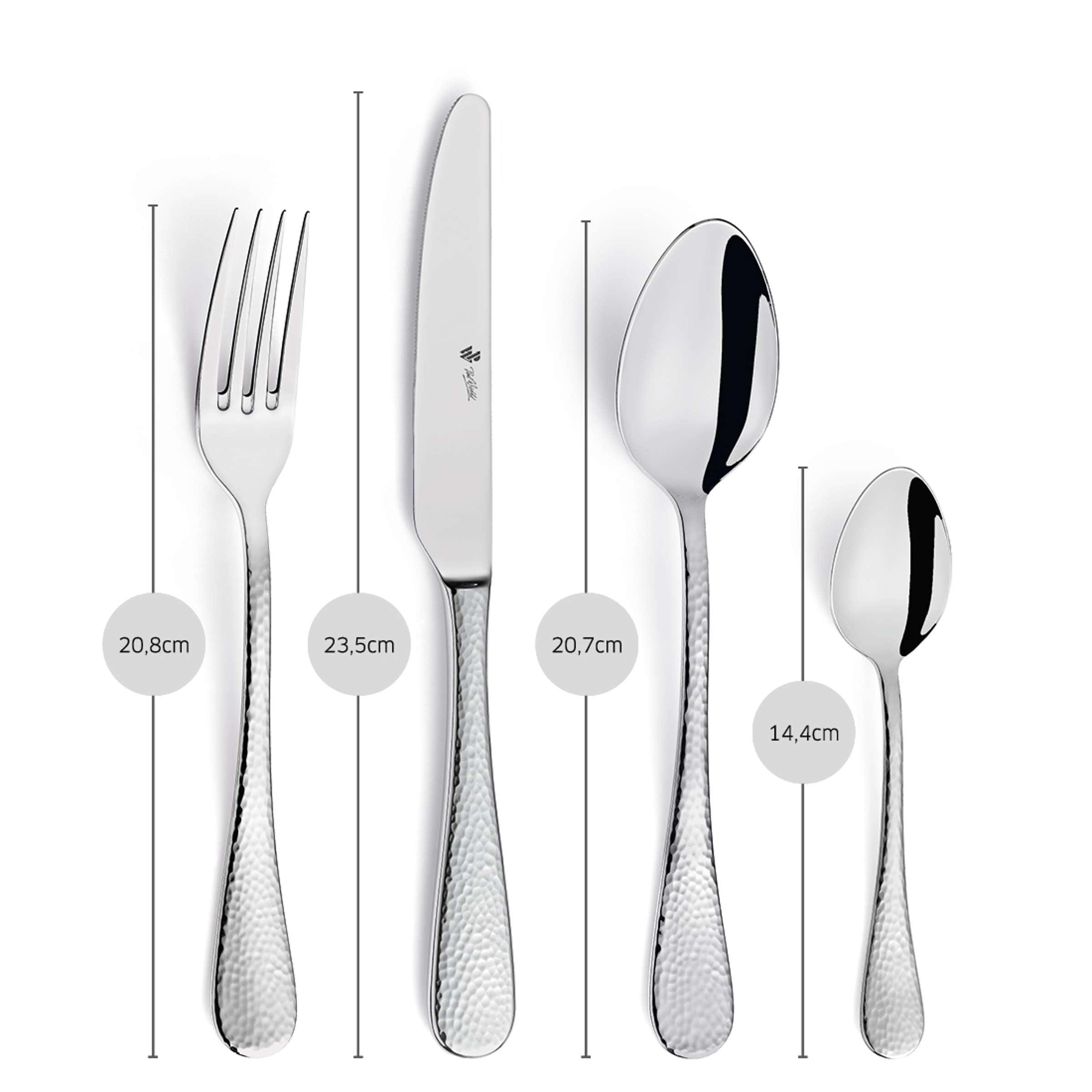 Paul Wirths Besteckset 24-teilig mit Messer, Gabel, Löffel und Teelöffel aus Edelstahl, elegant auf weißem Hintergrund.