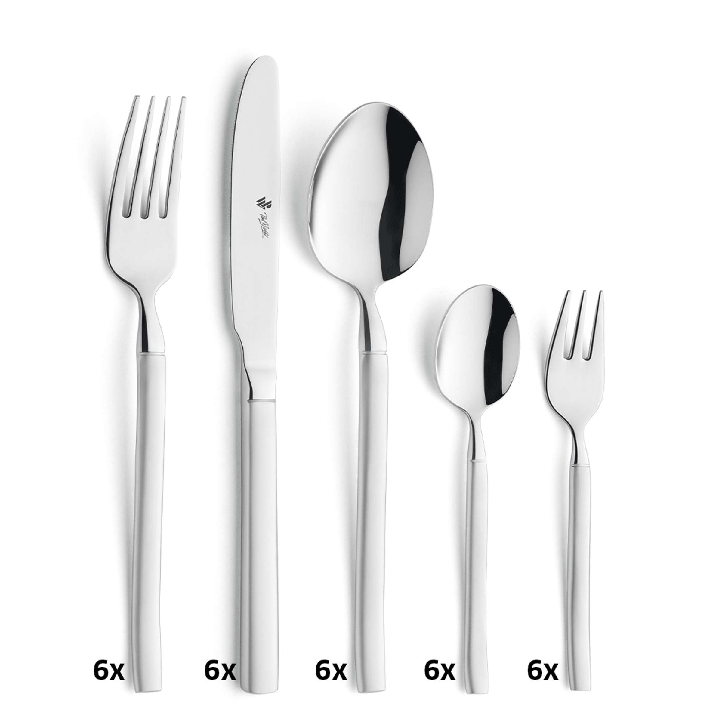BALI Besteckset 30-teilig von Paul Wirths, mattiertes Besteck aus Edelstahl, zeigt Messer, Gabeln, Löffel auf weißem Hintergrund.