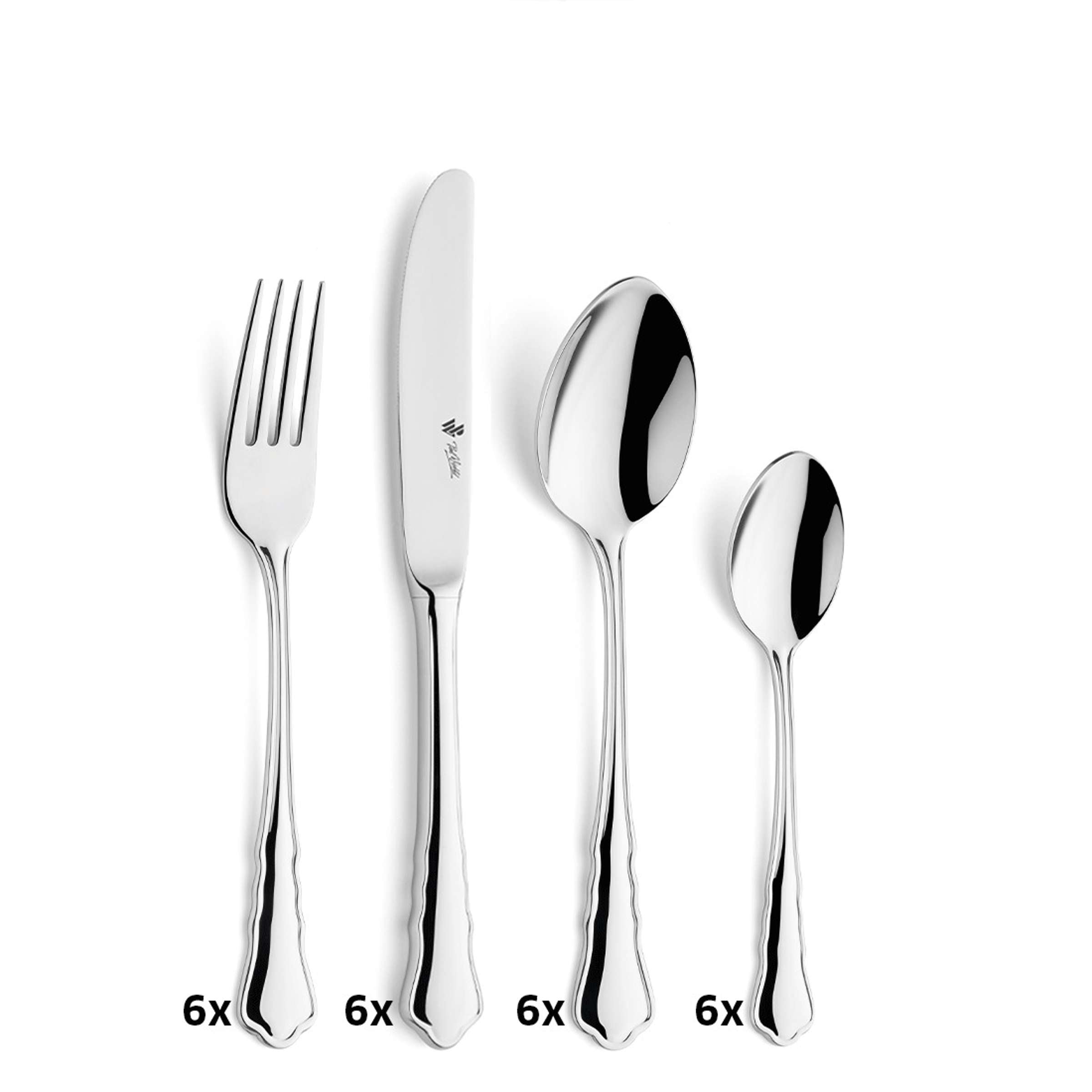24-teiliges CHIPPENDALE Besteckset von Paul Wirths mit Messer, Gabel, Löffel und Teelöffel, aus glänzendem Edelstahl.
