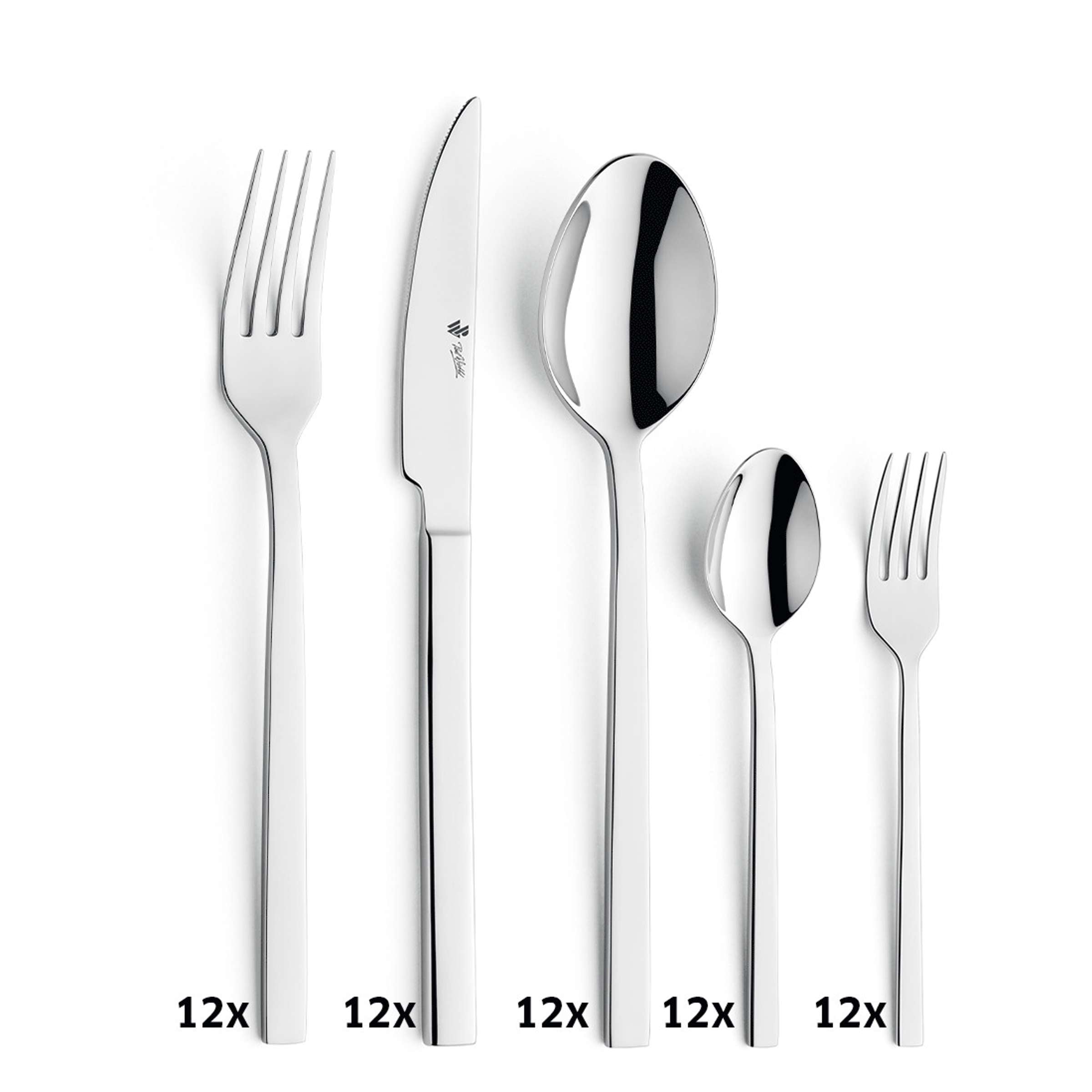 60-teiliges EDGE Besteckset von Paul Wirths mit Messer, Gabel, Löffel und Teelöffel, elegant auf weißem Hintergrund präsentiert.