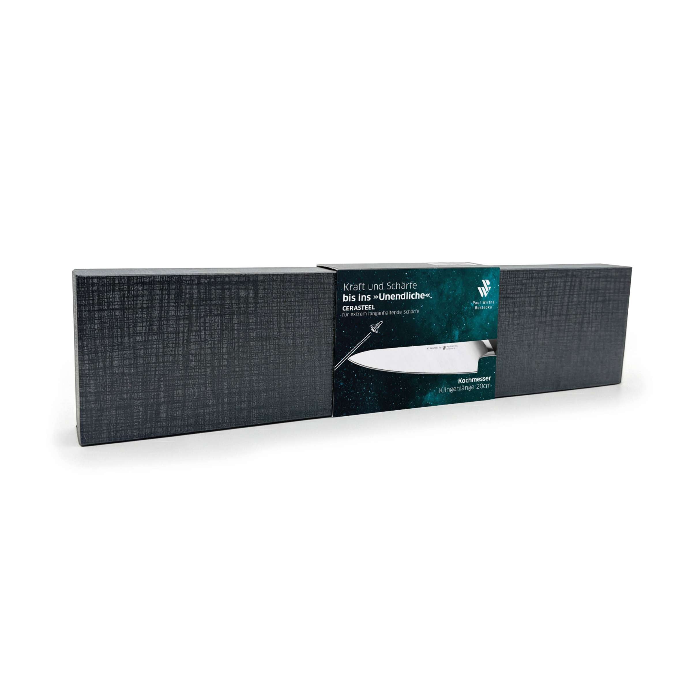 Paul Wirths CERASTEEL Kochmesser in Verpackung, scharfes Küchenmesser aus hochwertigem Stahl, ideal zum Schneiden und Zubereiten.