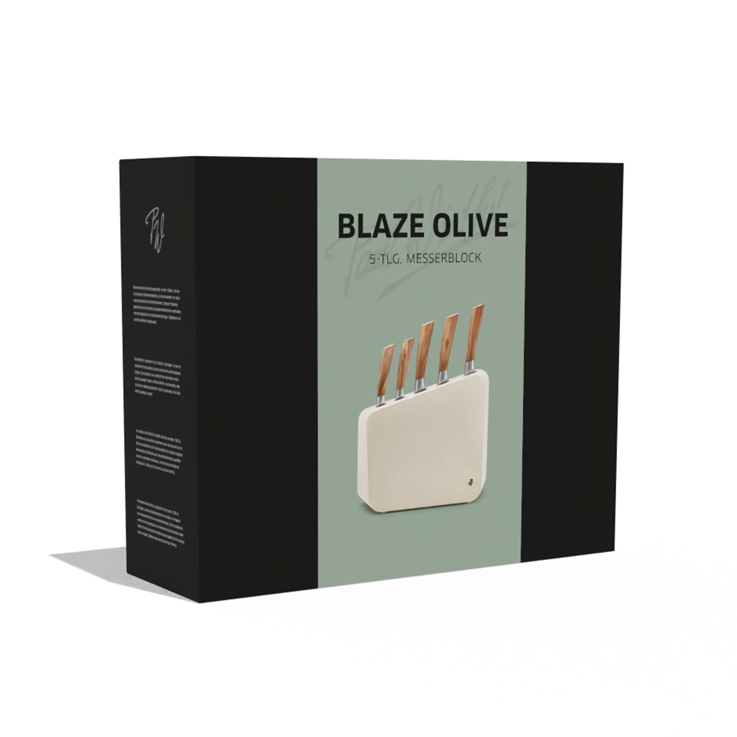 Paul Wirths BLAZE Messerblock 5-teilig aus Olivenholz, mit Messern im Messerblock, auf Verpackung abgebildet