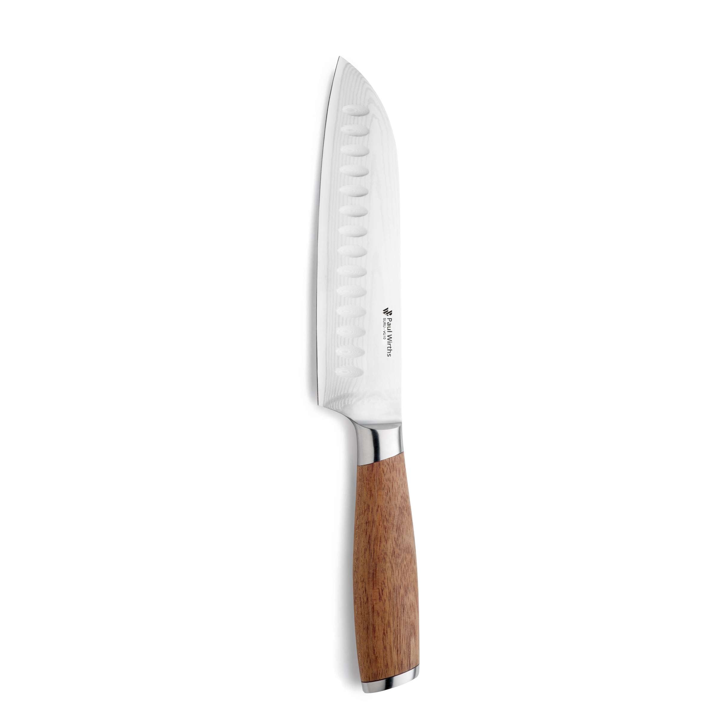 SURU Santokumesser von Paul Wirths, japanisches Küchenmesser mit scharfer Klinge aus hochwertigem Stahl, auf einem Schneidebrett liegend
