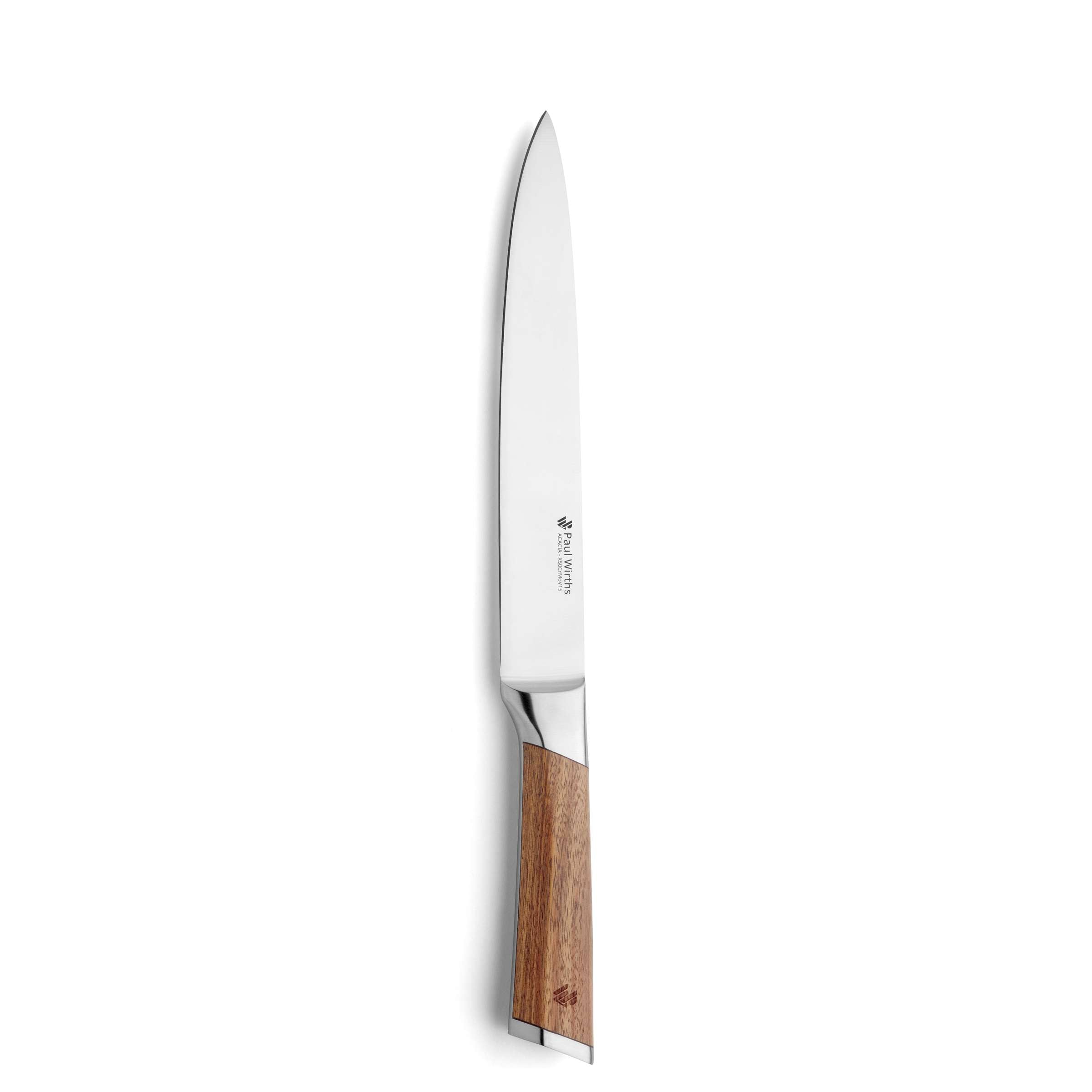 Akazien Messerblock von Paul Wirths mit fünf Messern, stilvoller Holzblock für Küchenmesser, sichtbare Messer und Holzstruktur