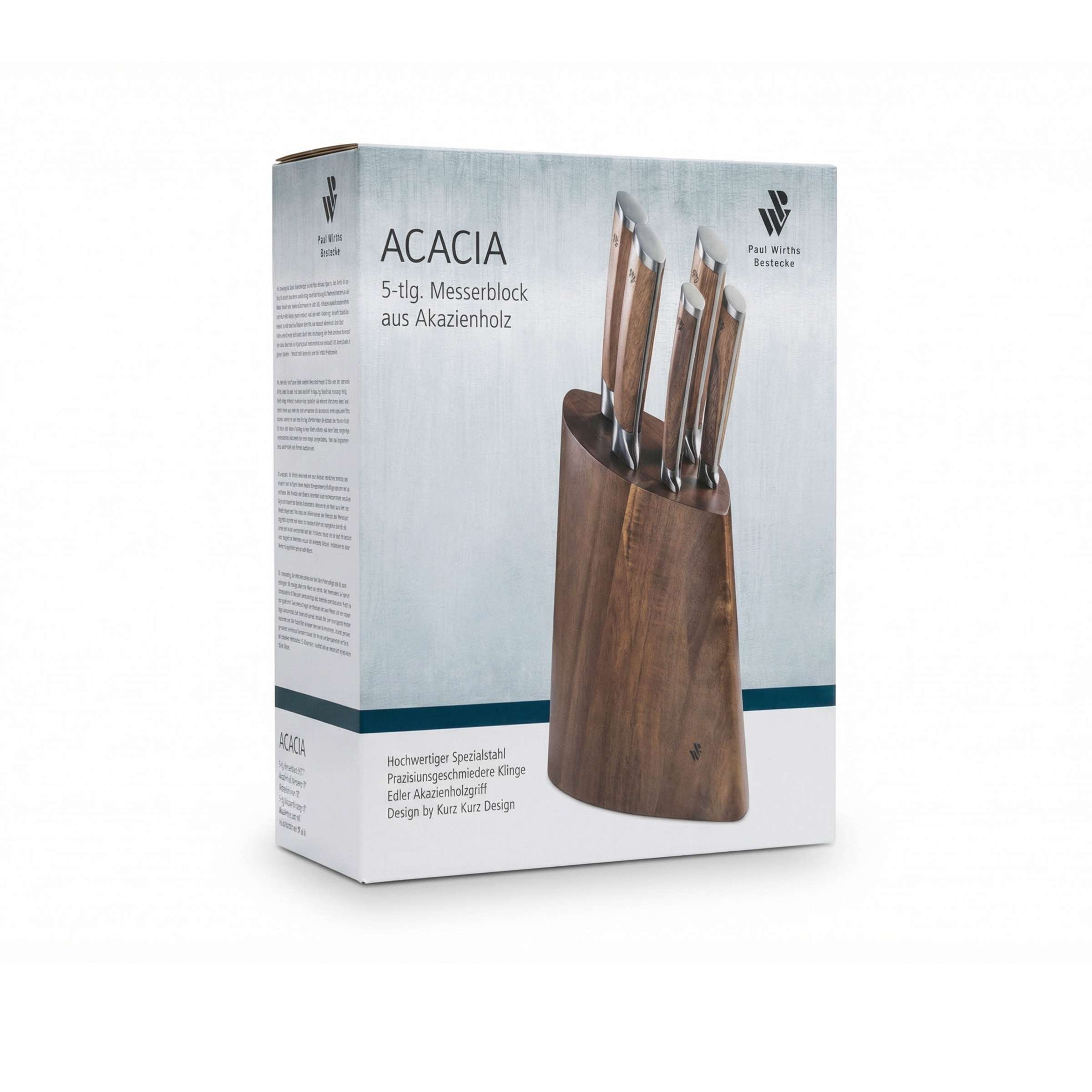 Paul Wirths Acacia Messerblock, 5-teilig, aus Akazienholz mit Messern, auf Verpackung liegend, detailreiche Ansicht